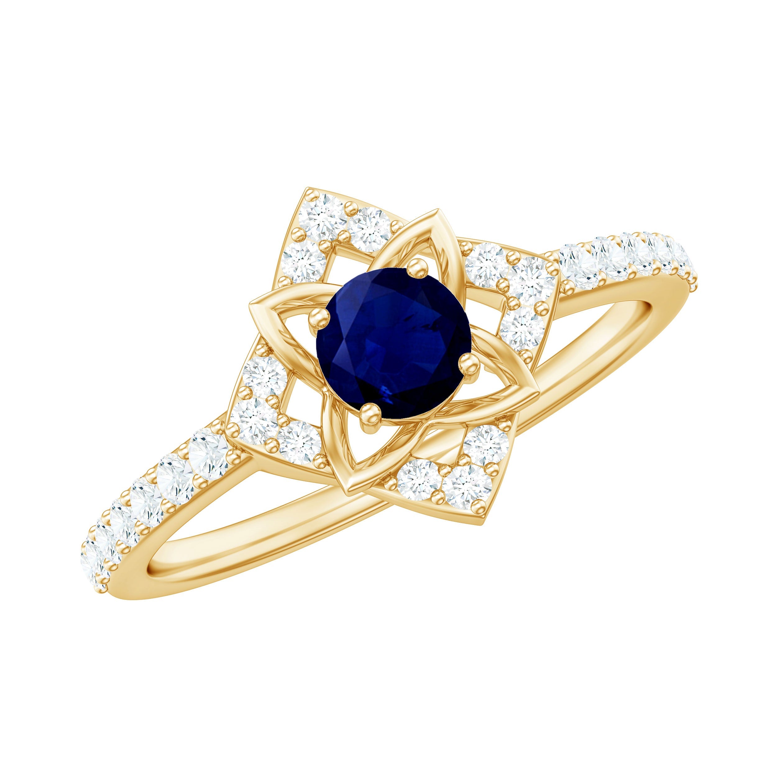 Real Blue Sapphire Diamond Flower Engagement Ring for Women