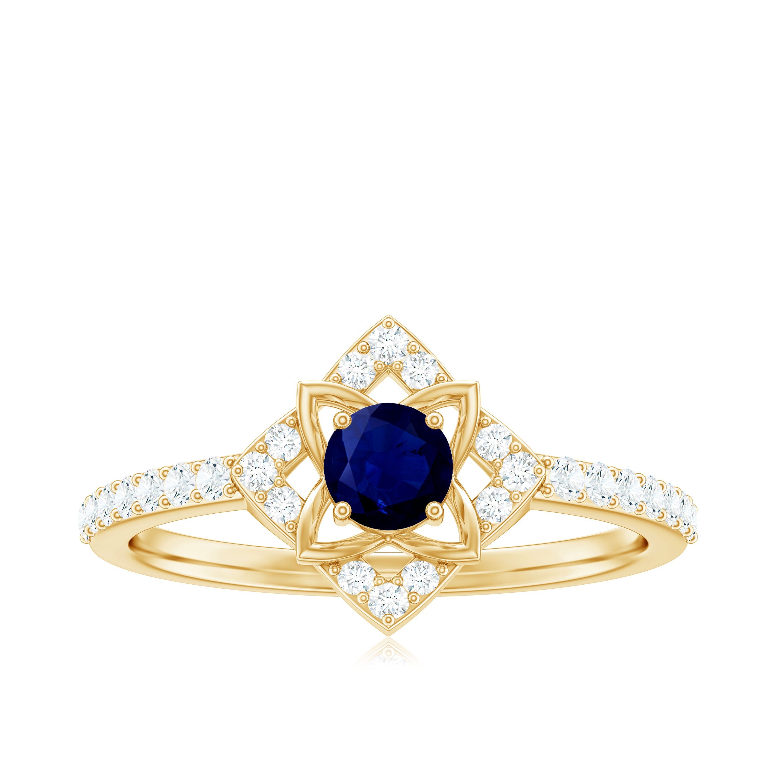Real Blue Sapphire Diamond Flower Engagement Ring for Women