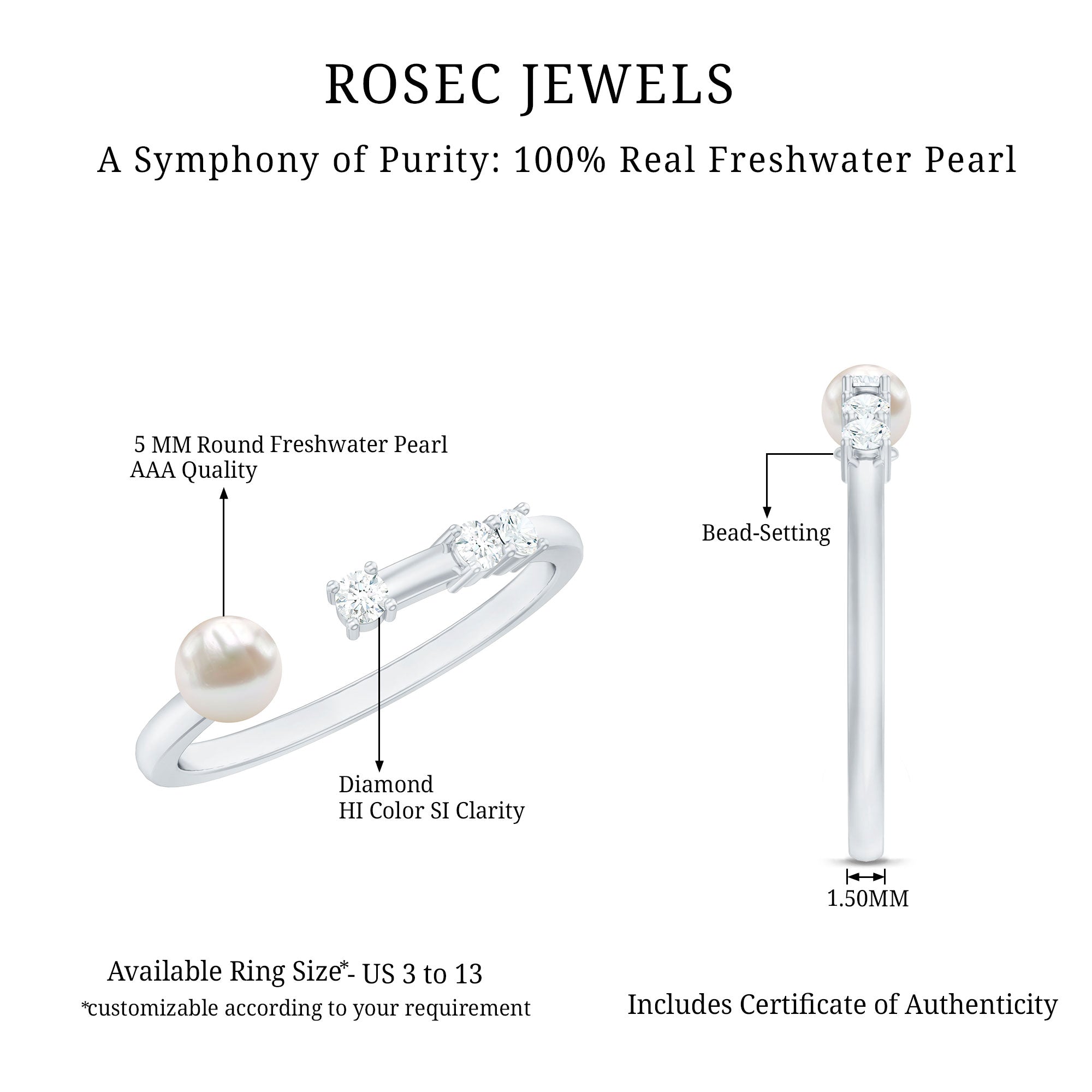 Natural 2 Carat Freshwater Pearl Promise Ring with Diamond