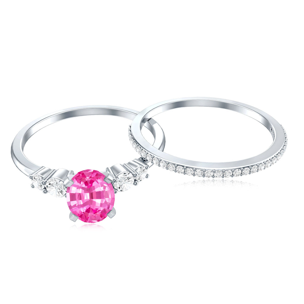 1.50 CT Oval Cut Solitaire Created Pink Sapphire Ring Set with Diamond