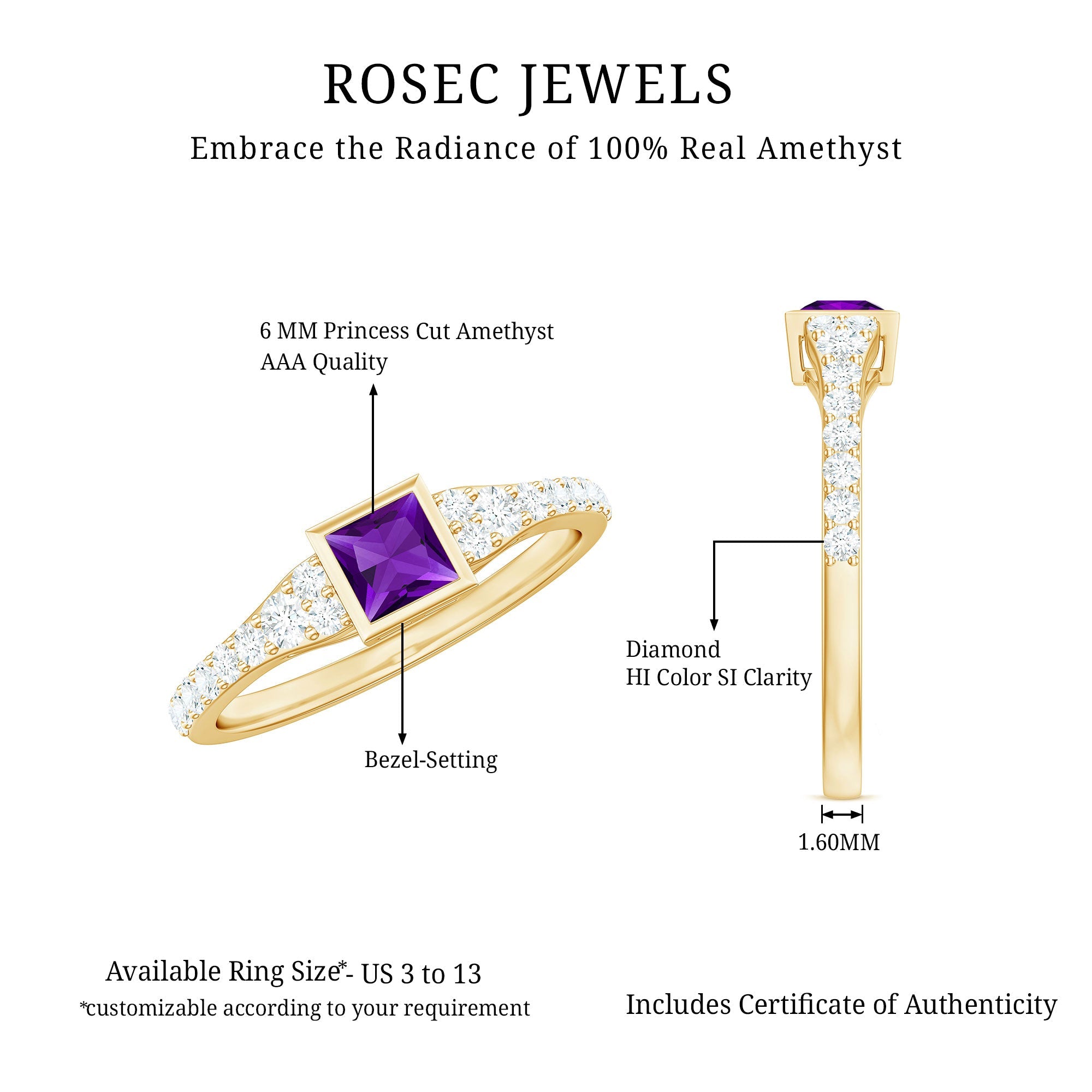 1 Carat Bezel Set Amethyst Solitaire Promise Ring with Diamond