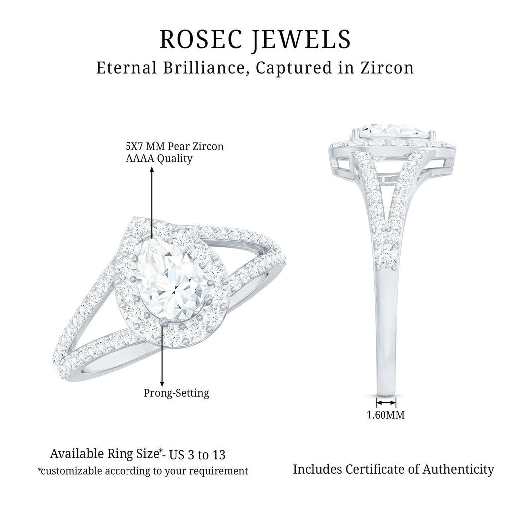Pear Shape Cubic Zirconia Halo Engagement Ring in Split Shank