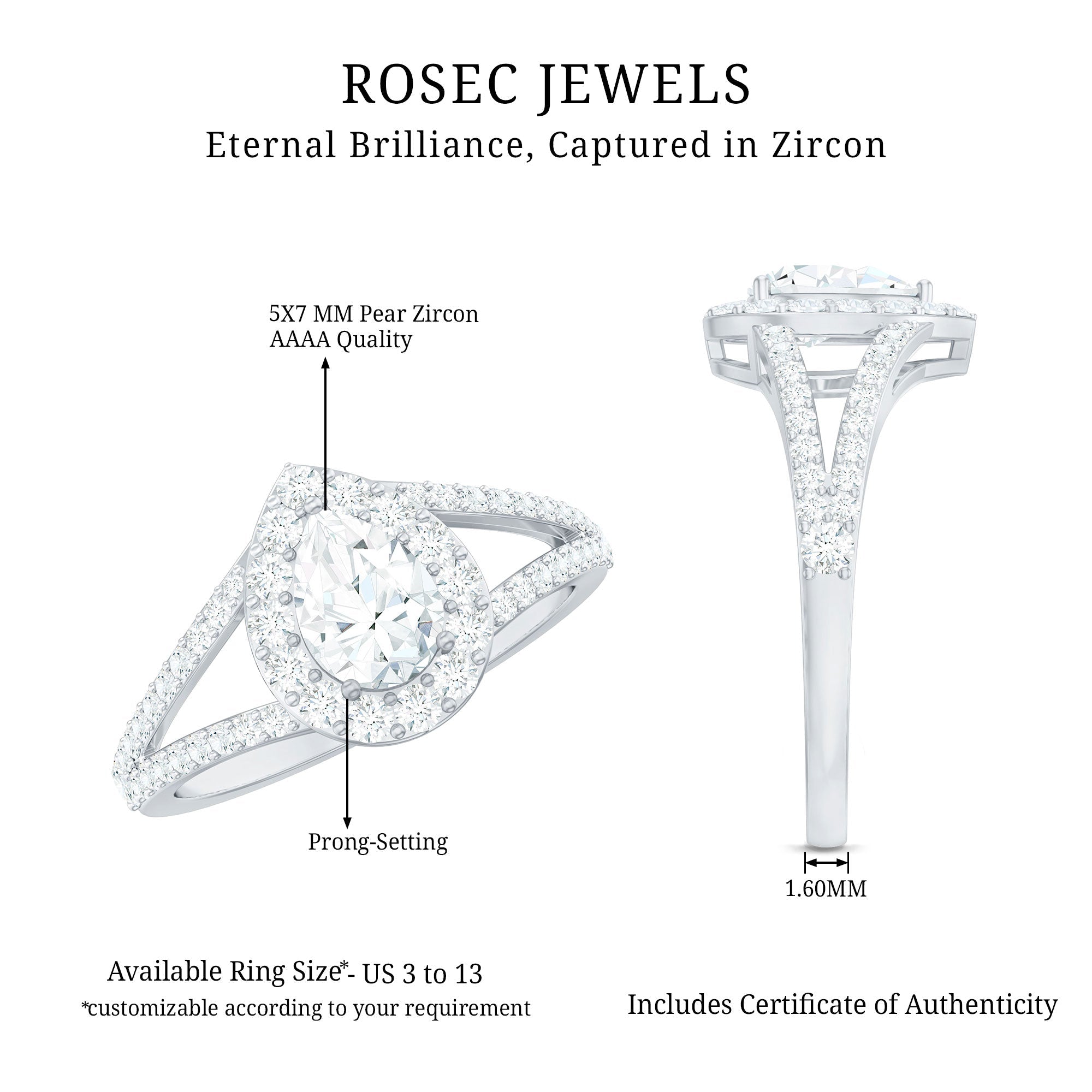 Pear Shape Cubic Zirconia Halo Engagement Ring in Split Shank