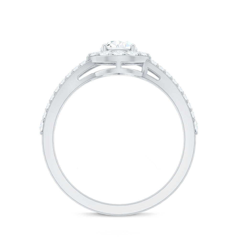 Pear Shape Cubic Zirconia Halo Engagement Ring in Split Shank
