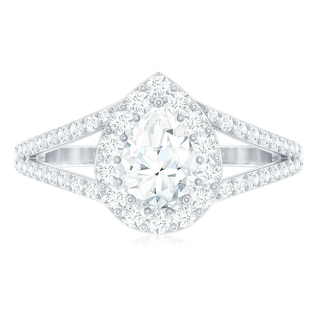 Pear Shape Cubic Zirconia Halo Engagement Ring in Split Shank