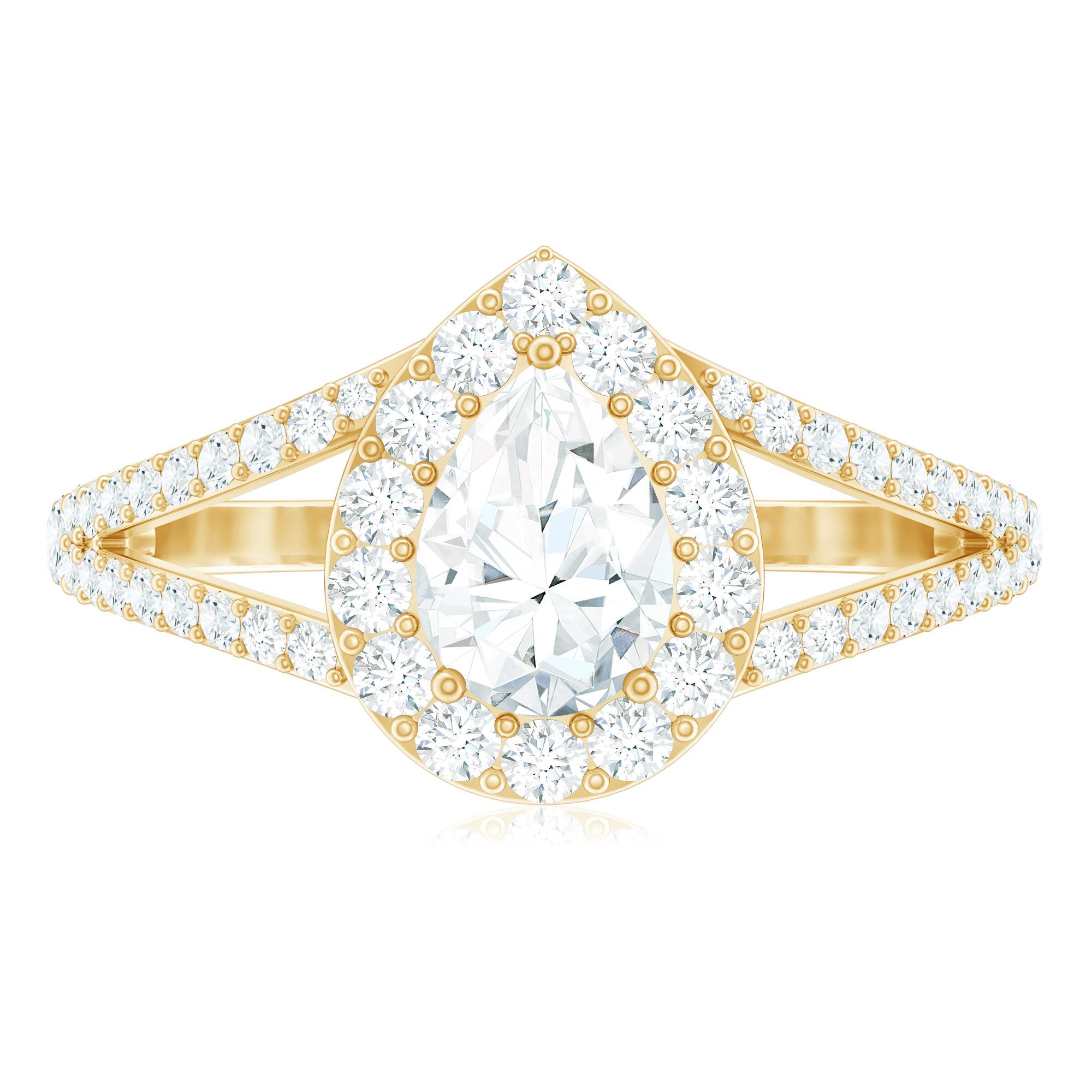 Pear Shape Cubic Zirconia Halo Engagement Ring in Split Shank