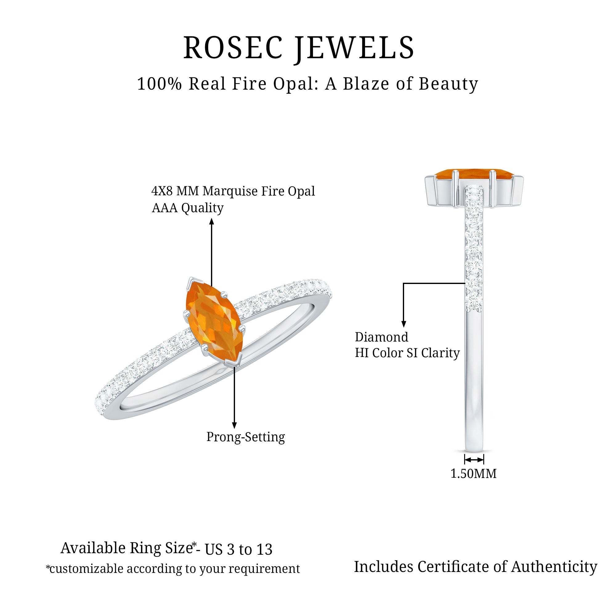 1/2 Ct Fire Opal Marquise Engagement Ring with Diamond