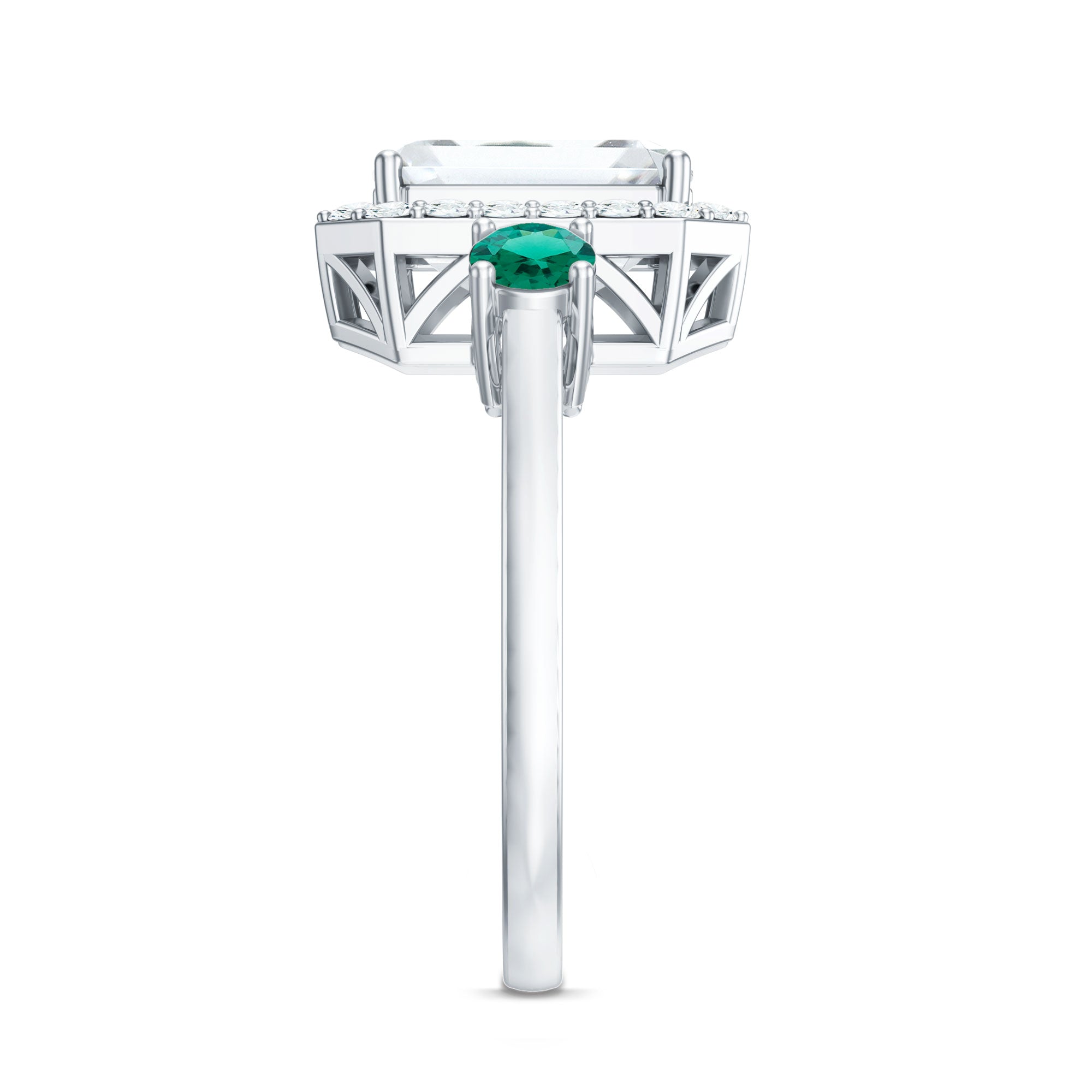 Certified 7X9 mm Moissanite Emerald Cut Engagement Ring with Emerald