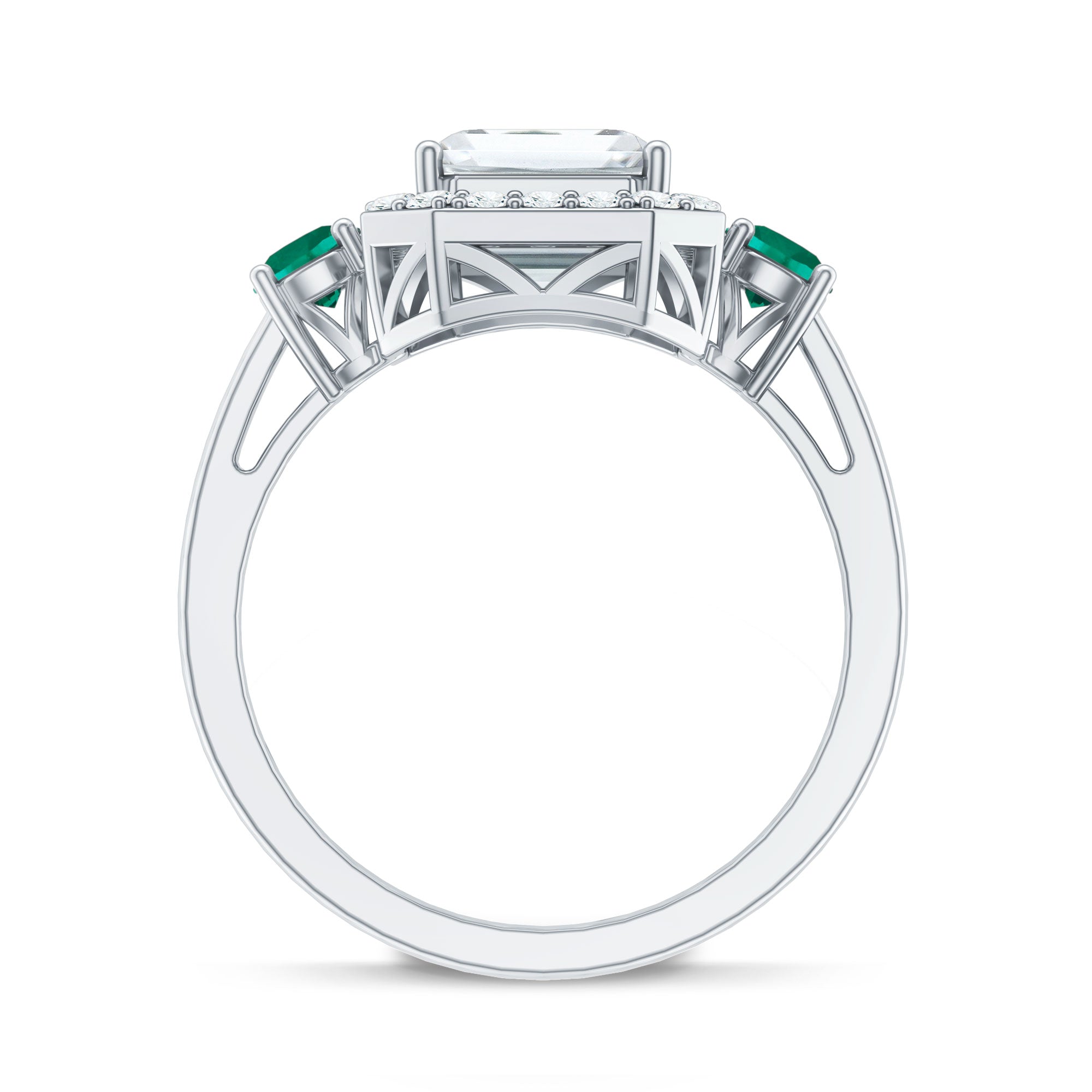 Certified 7X9 mm Moissanite Emerald Cut Engagement Ring with Emerald