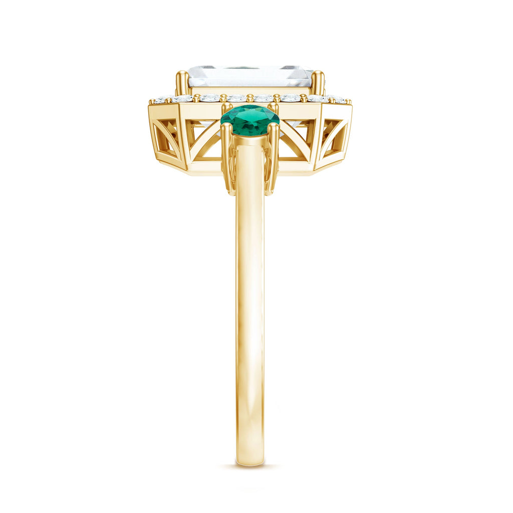 Certified 7X9 mm Moissanite Emerald Cut Engagement Ring with Emerald