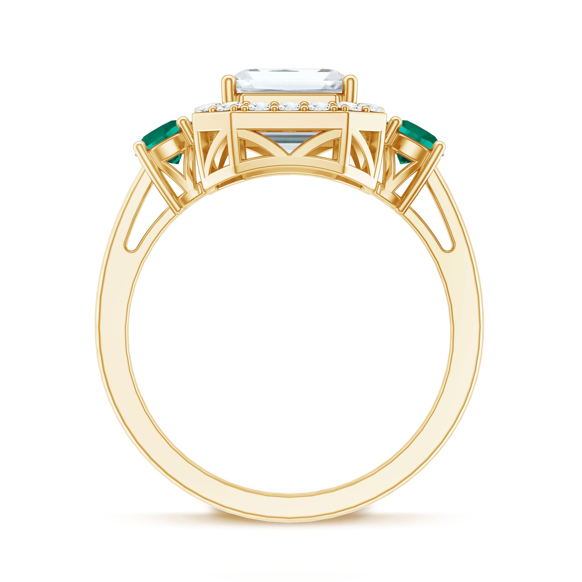 Certified 7X9 mm Moissanite Emerald Cut Engagement Ring with Emerald