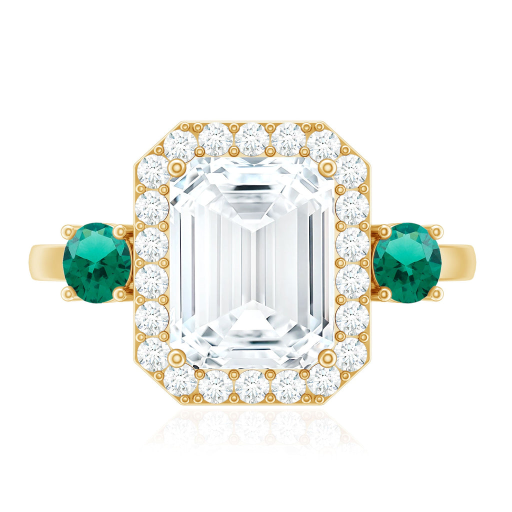 Certified 7X9 mm Moissanite Emerald Cut Engagement Ring with Emerald