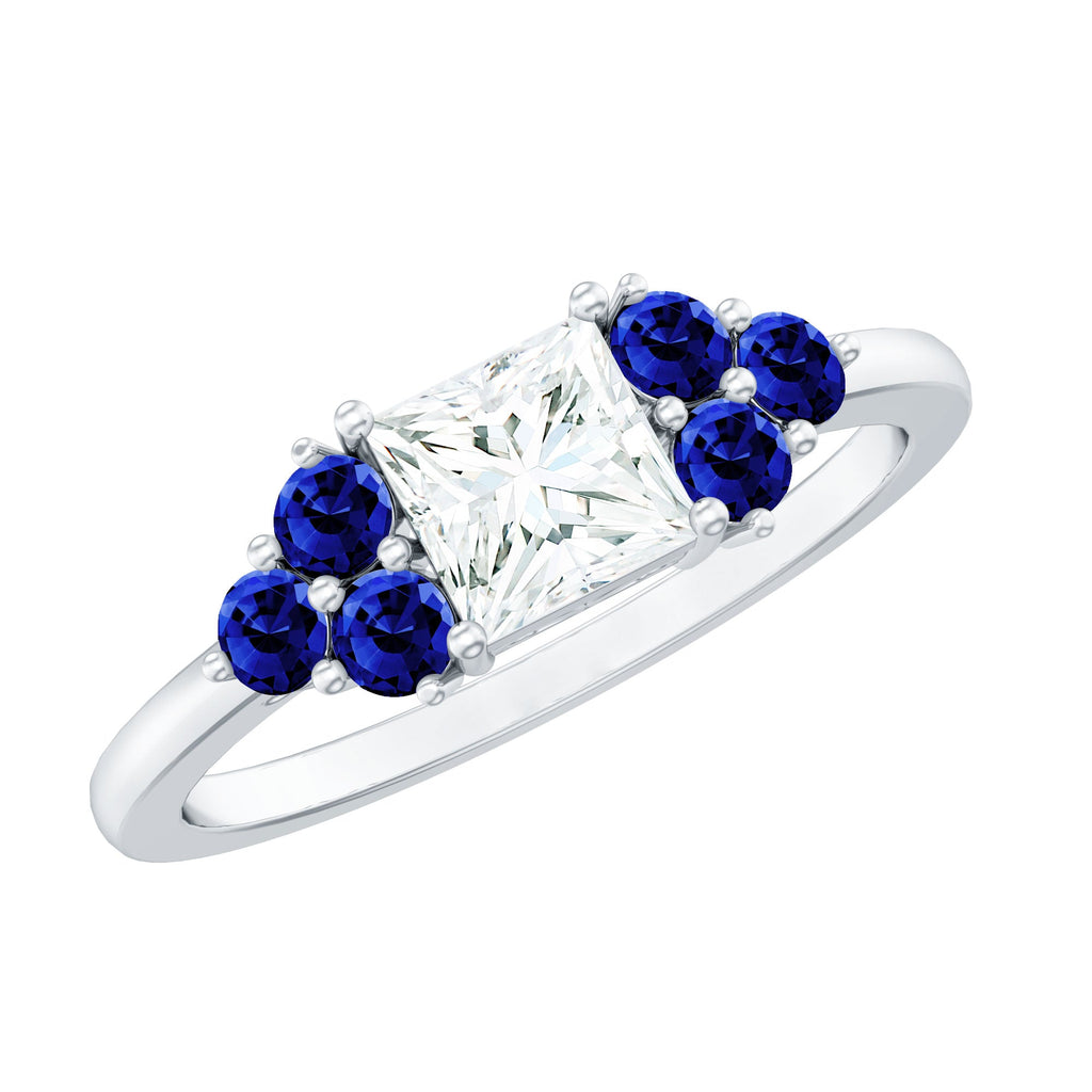 Moissanite Princess Cut Engagement Ring With Lab Grown Blue Sapphire
