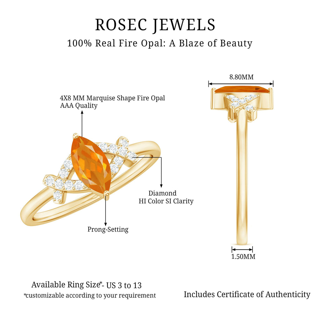 1/2 Carat Fire Opal Marquise Solitaire Ring with Diamond