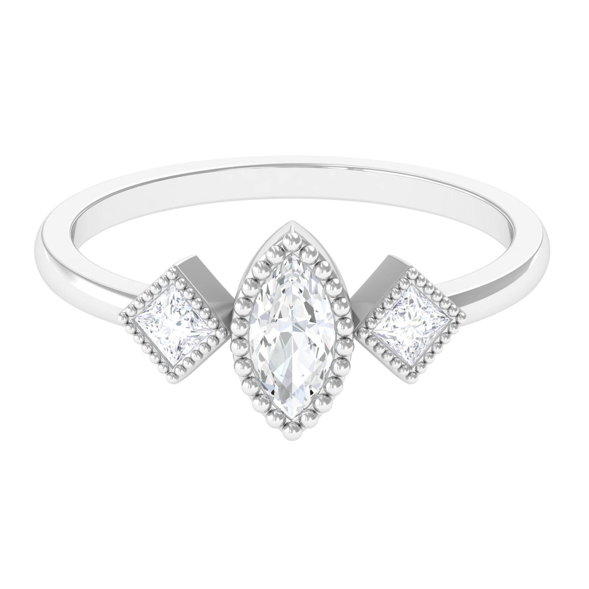 Beaded Bezel Set Zircon Three Stone Engagement Ring