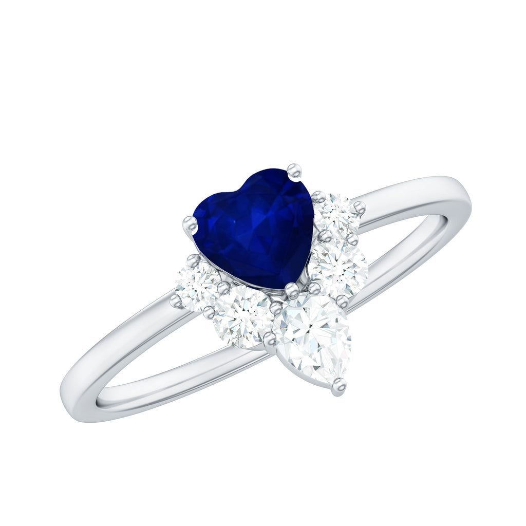 Real 0.6 Carat Heart Shape Blue Sapphire Promise Ring with Diamond