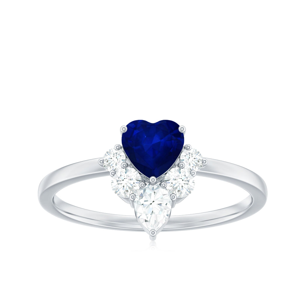 Real 0.6 Carat Heart Shape Blue Sapphire Promise Ring with Diamond