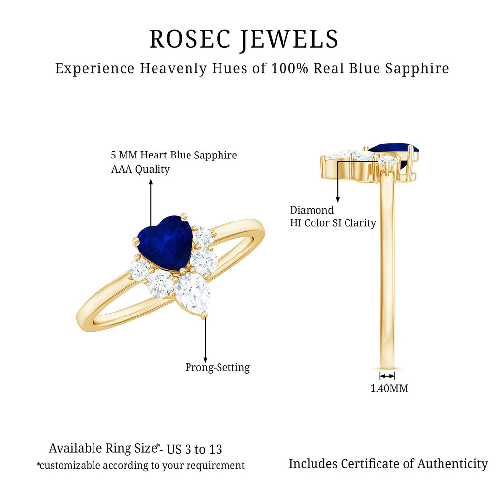 Real 0.6 Carat Heart Shape Blue Sapphire Promise Ring with Diamond
