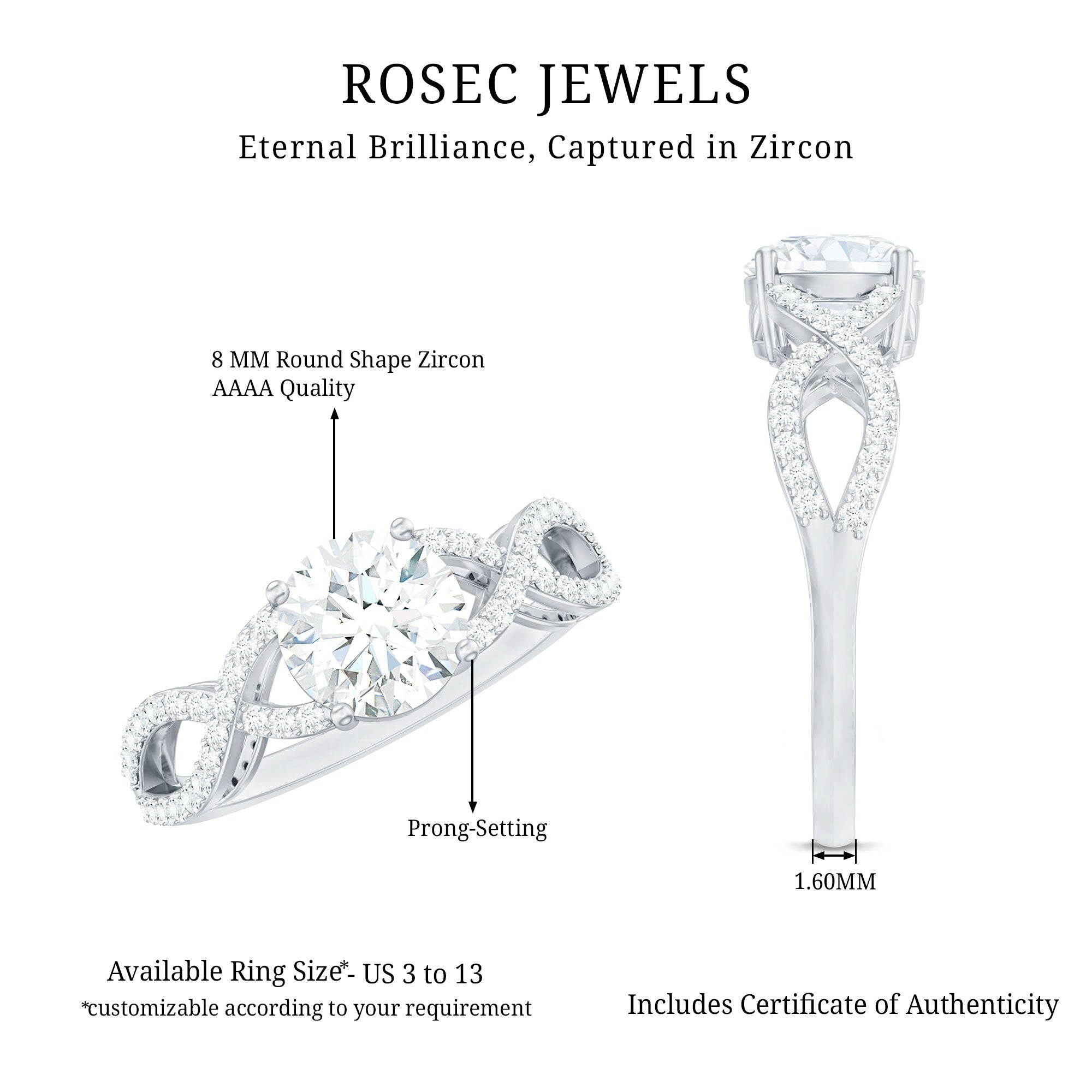 2 Carat Round Cut Solitaire Zircon Crossover Engagement Ring
