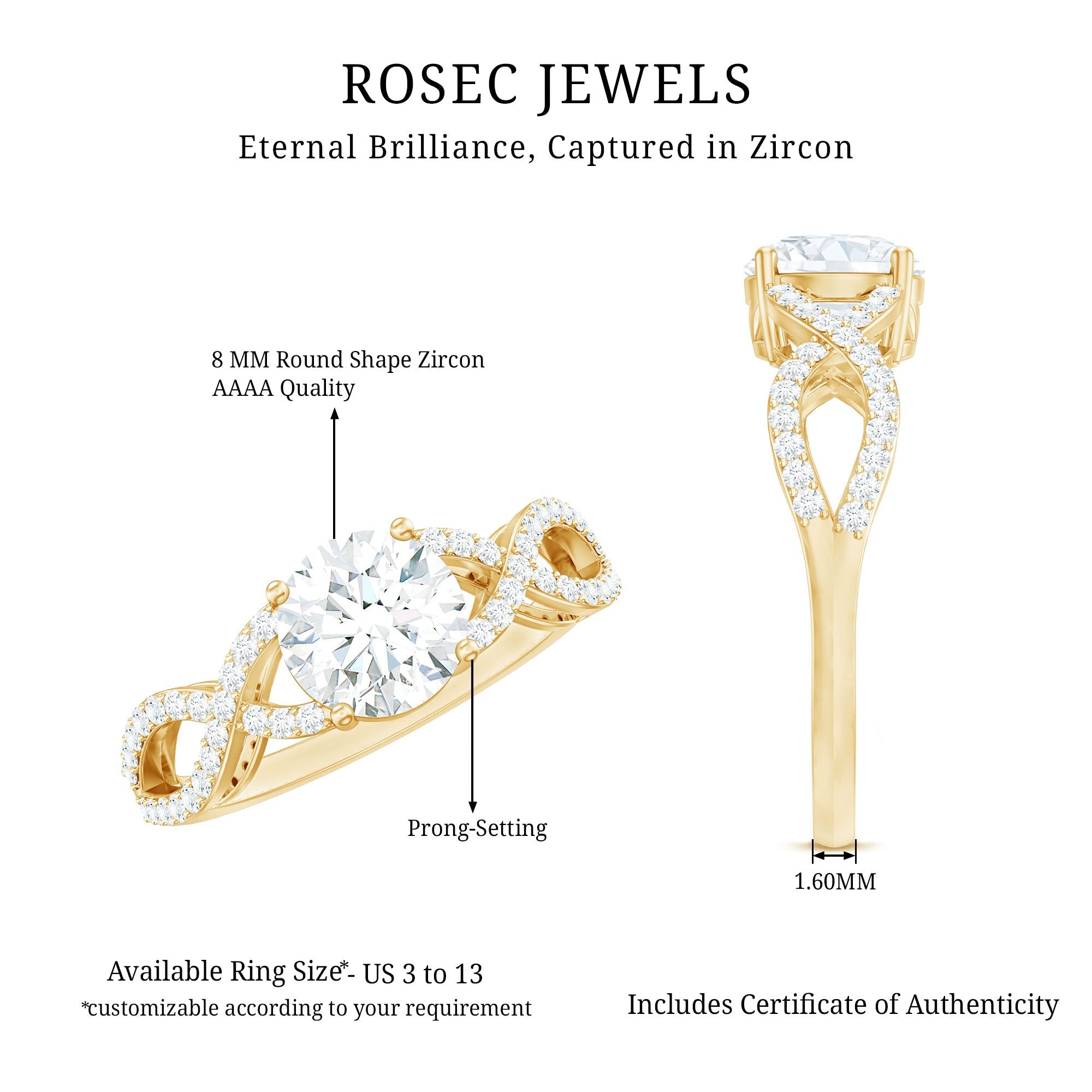 2 Carat Round Cut Solitaire Zircon Crossover Engagement Ring