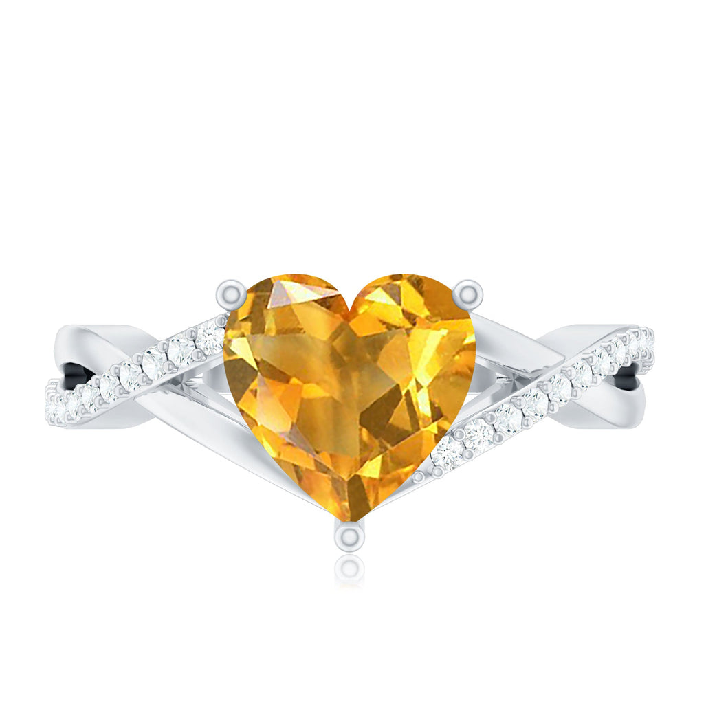 Natural 8mm Citrine Heart Engagement Ring with Diamond Crossover Shank