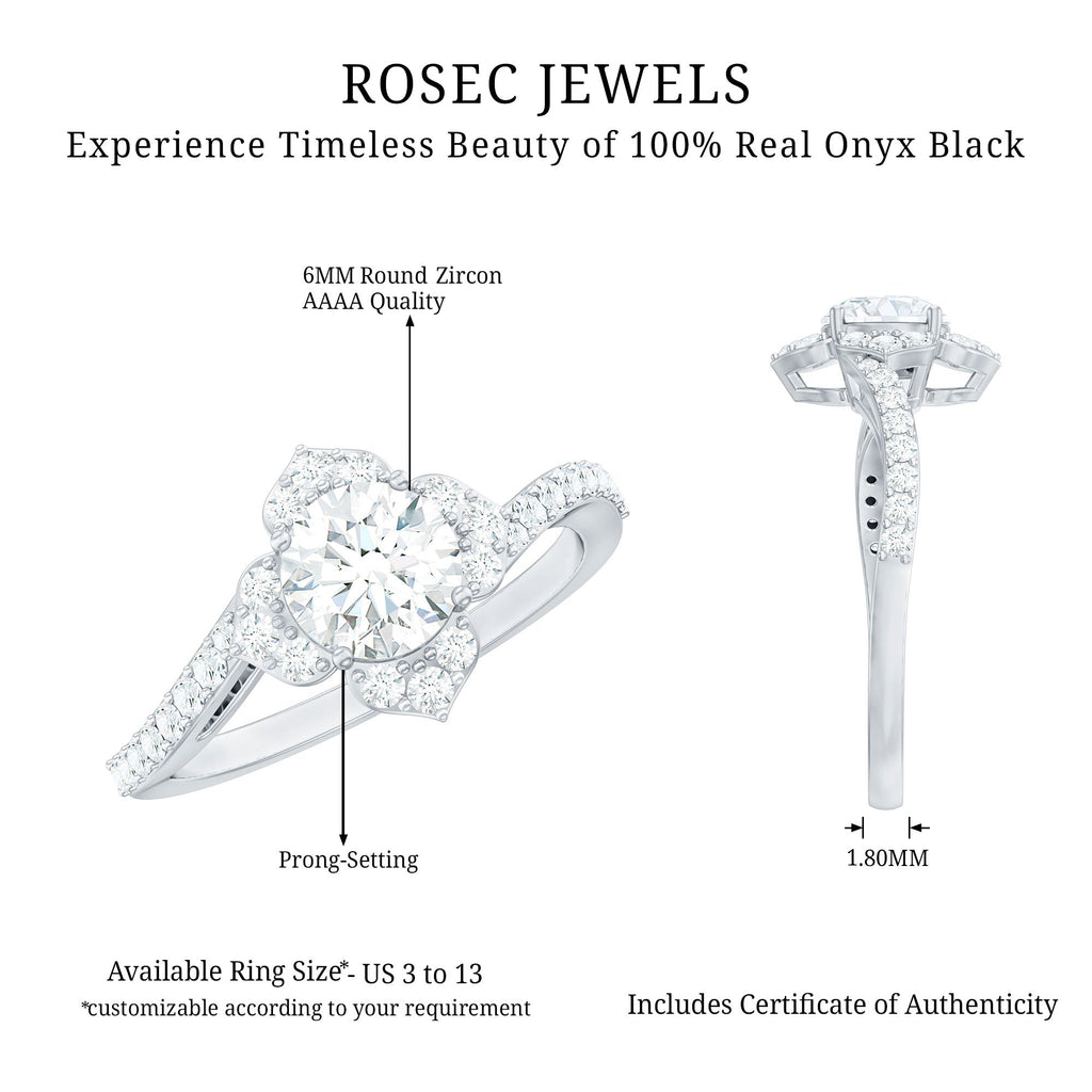 0.9 Carat Round Zircon Flower Engagement Ring in Bypass Shank