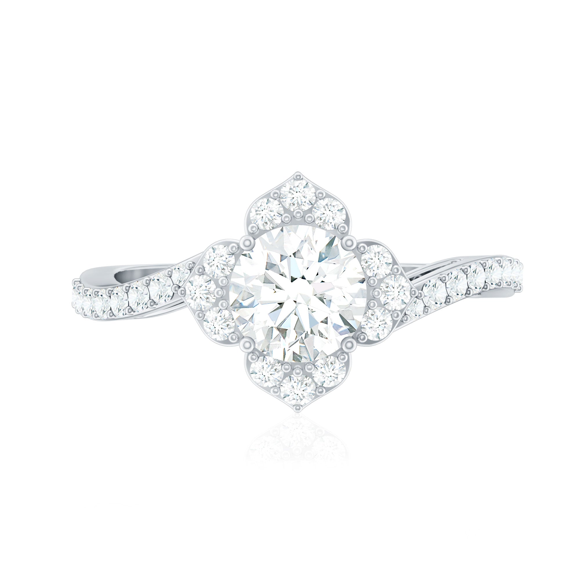 0.9 Carat Round Zircon Flower Engagement Ring in Bypass Shank