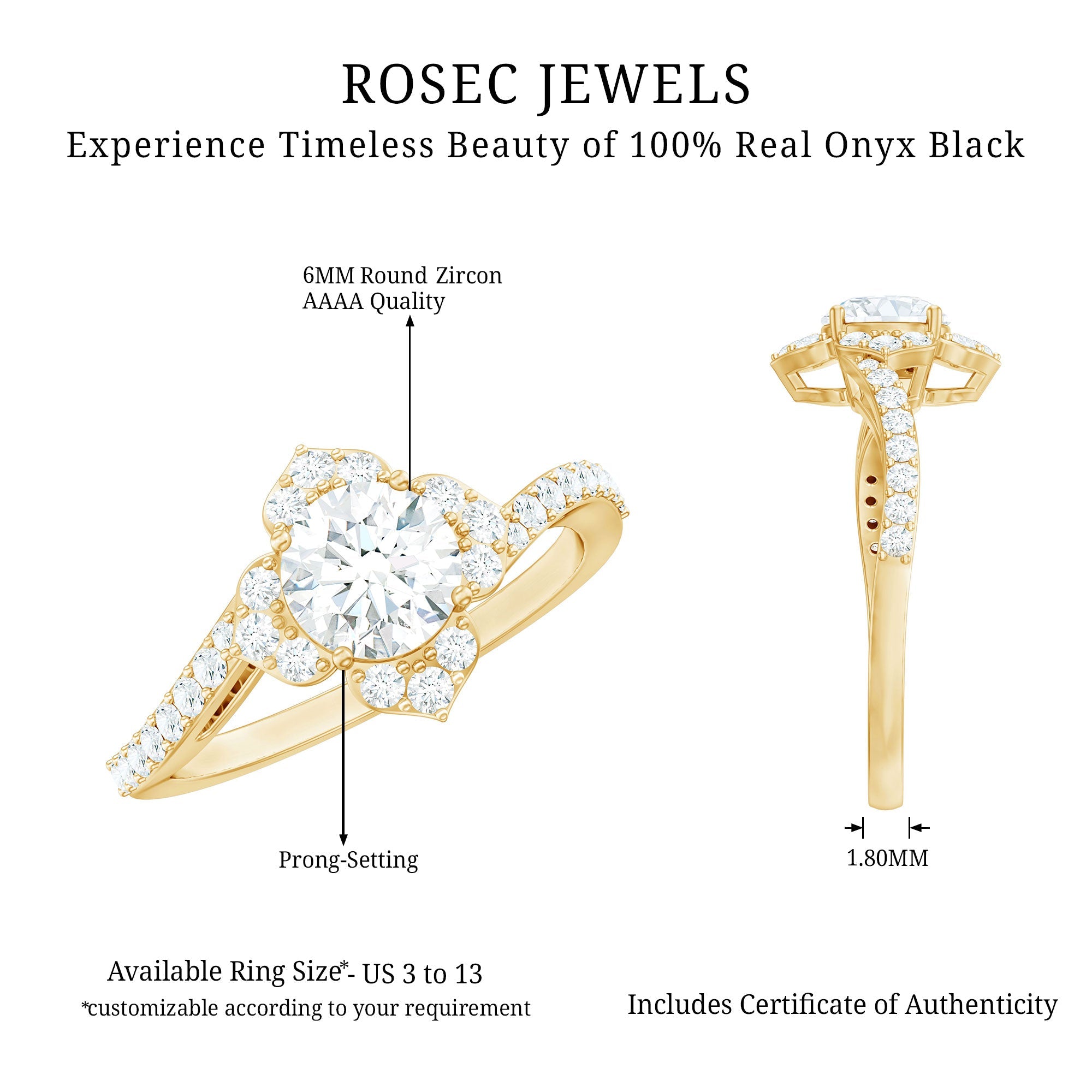 0.9 Carat Round Zircon Flower Engagement Ring in Bypass Shank