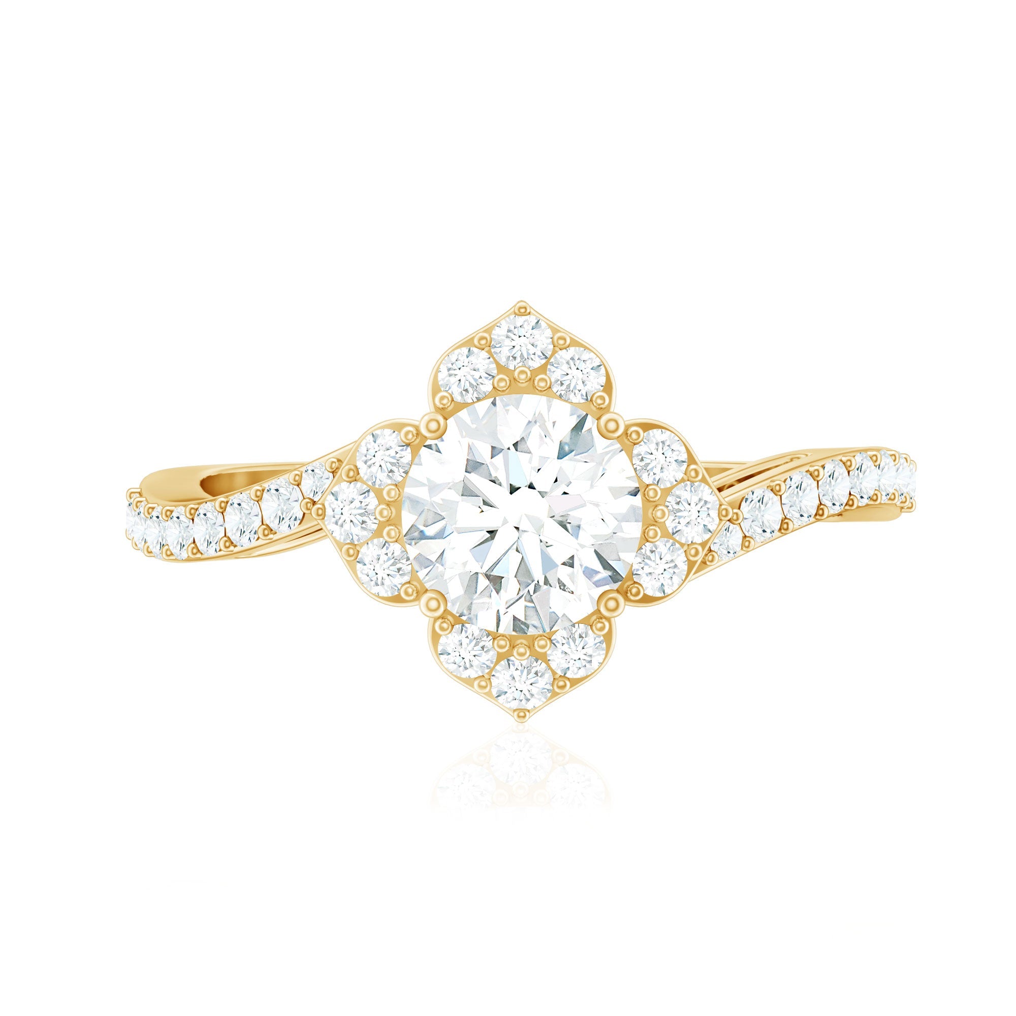 0.9 Carat Round Zircon Flower Engagement Ring in Bypass Shank