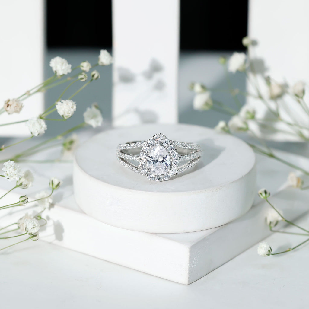 Pear Shaped Cubic Zirconia Split Shank Engagement Ring for Women