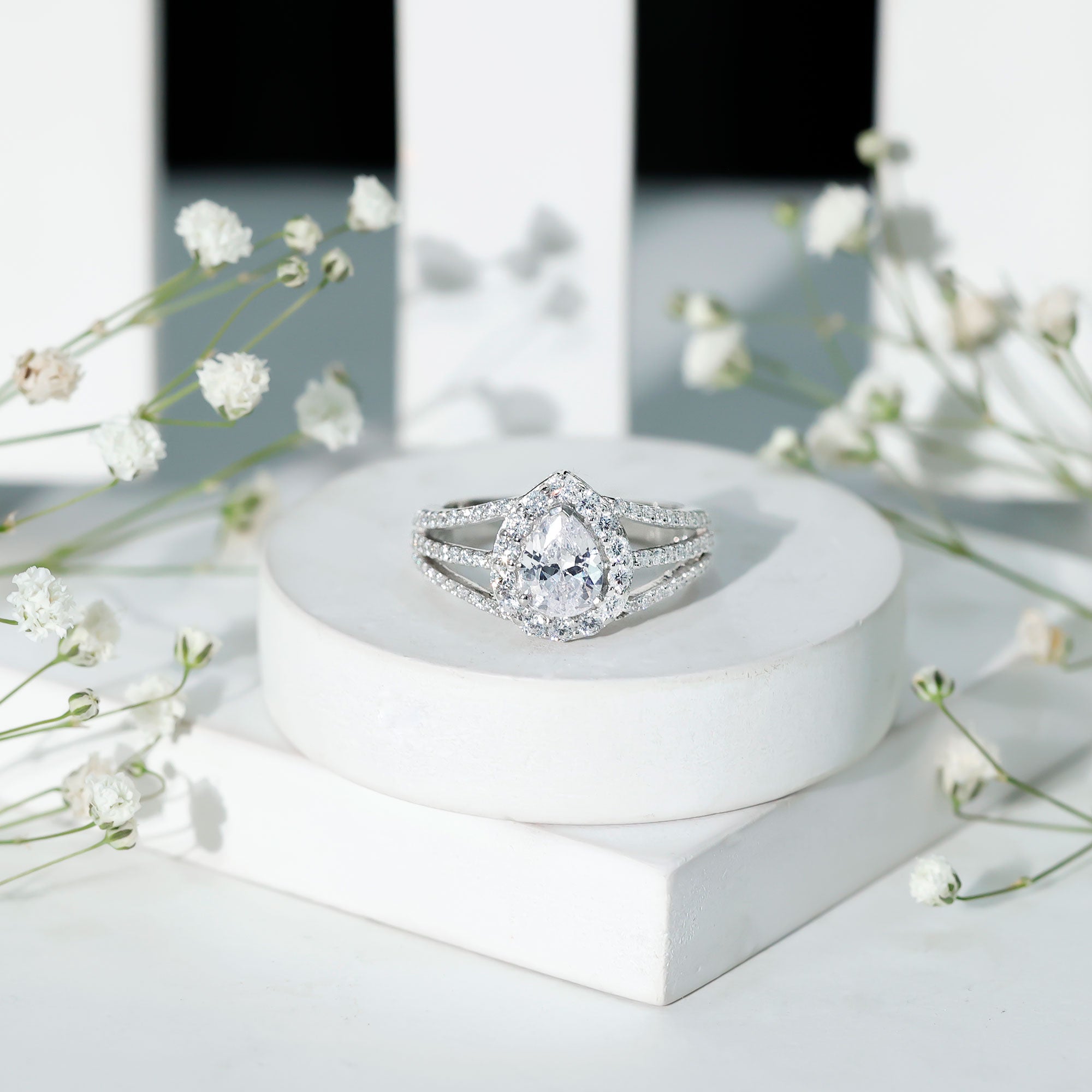 Pear Shaped Cubic Zirconia Split Shank Engagement Ring for Women
