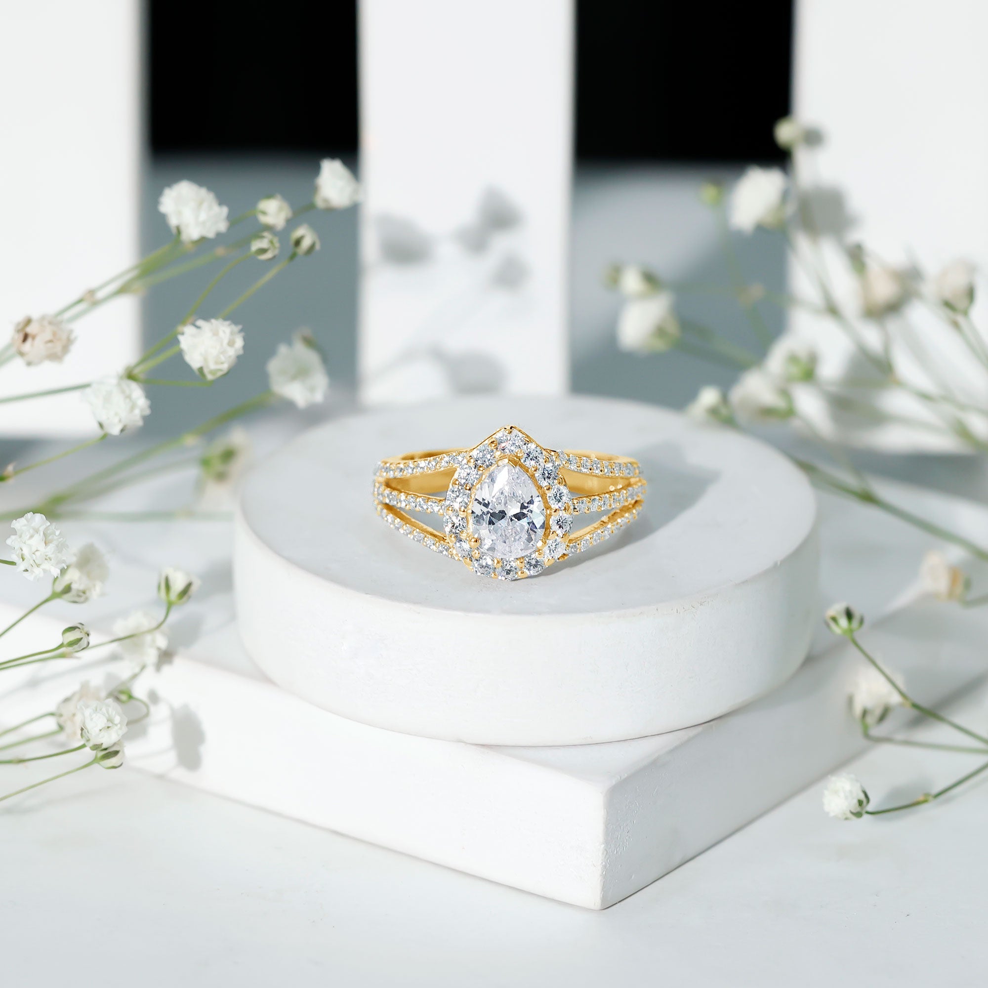 Pear Shaped Cubic Zirconia Split Shank Engagement Ring for Women