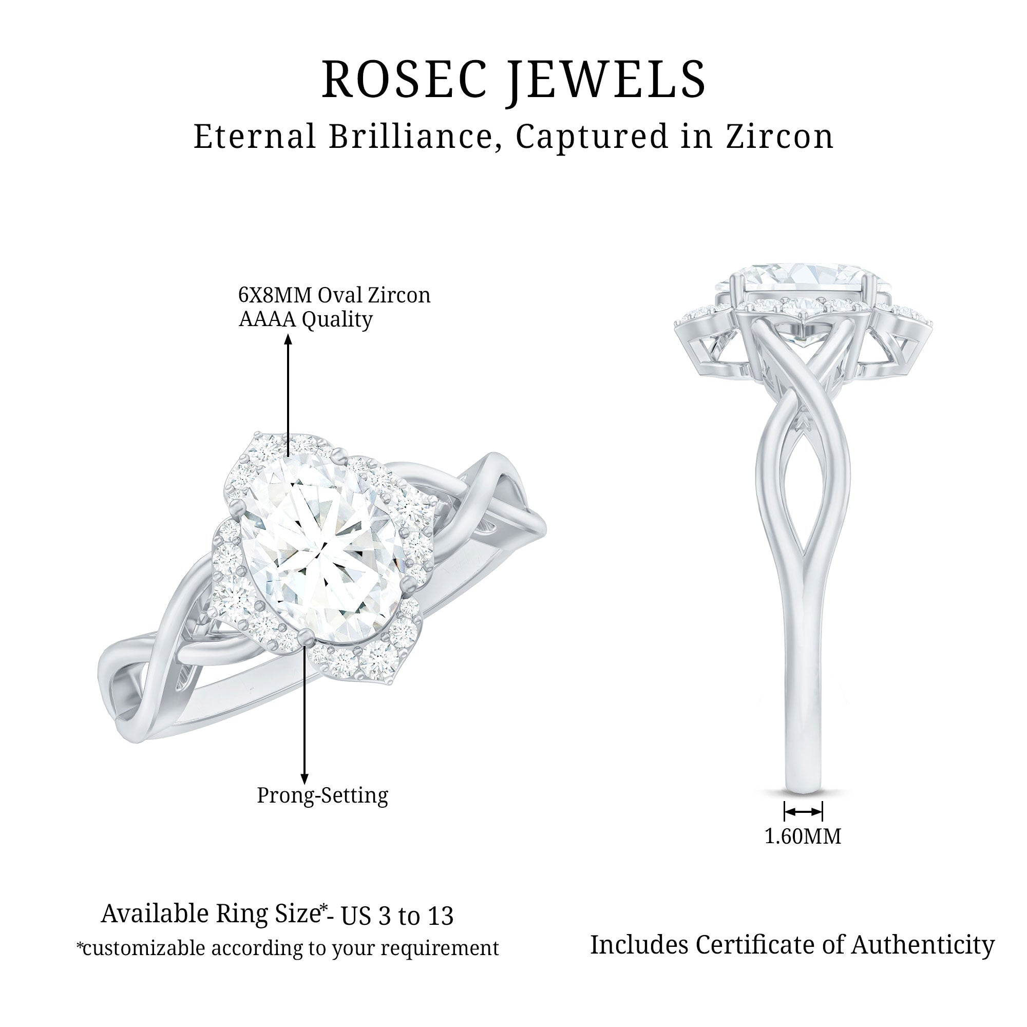 1.2 Carat Oval Cubic Zirconia Flower Engagement Ring in Crossover Shank