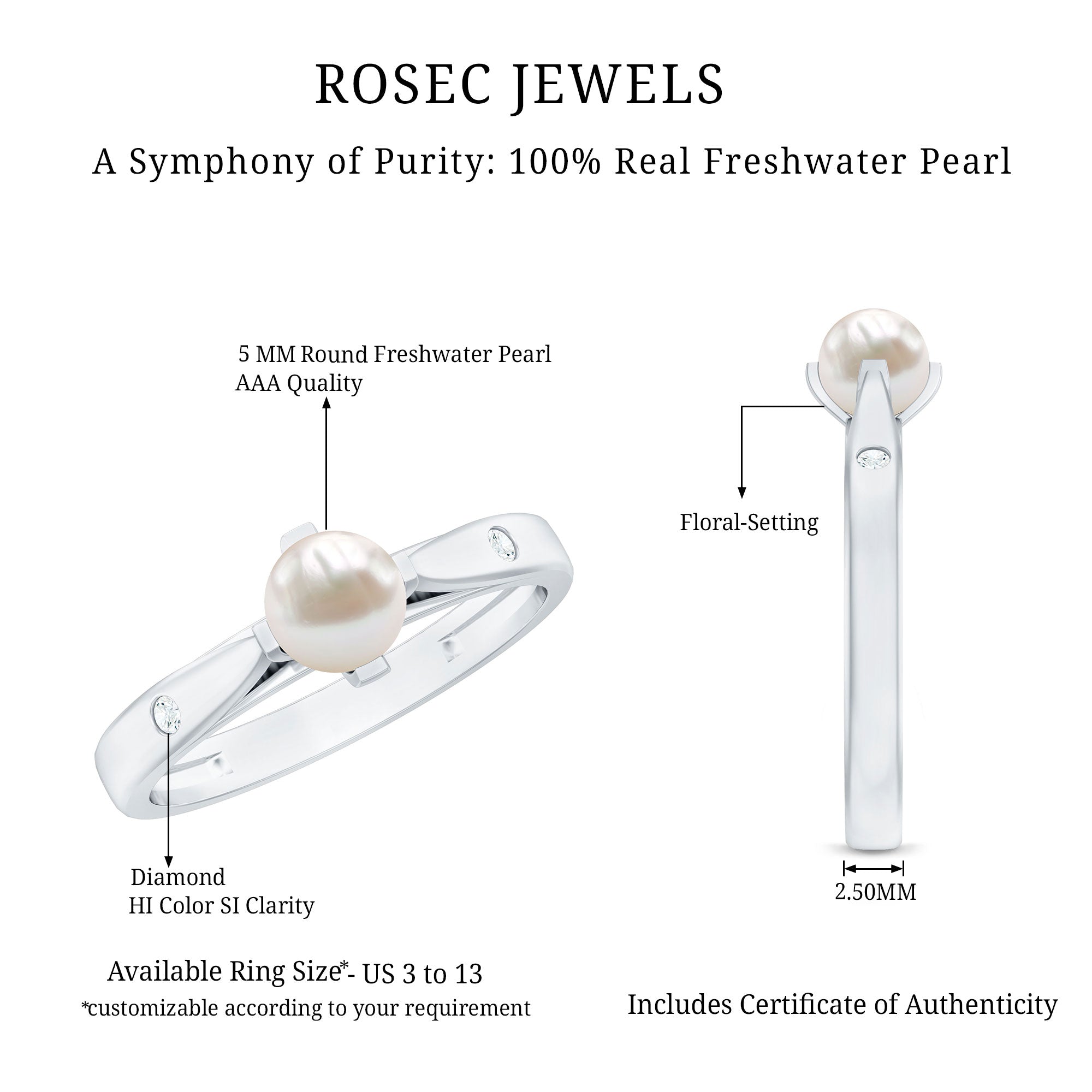 Cultured 2 Carat Freshwater Pearl Solitaire Promise Ring with Diamond
