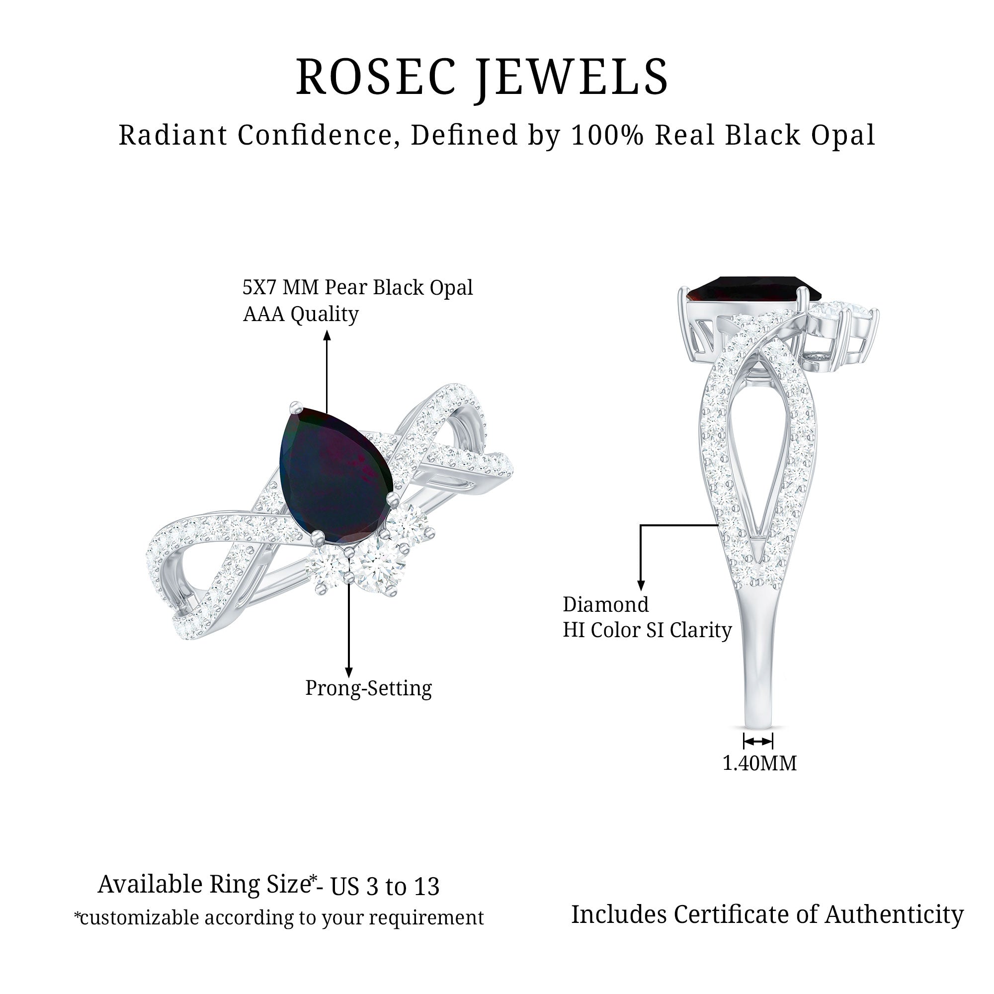 Designer Black Opal Teardrop Crossover Ring with Diamond