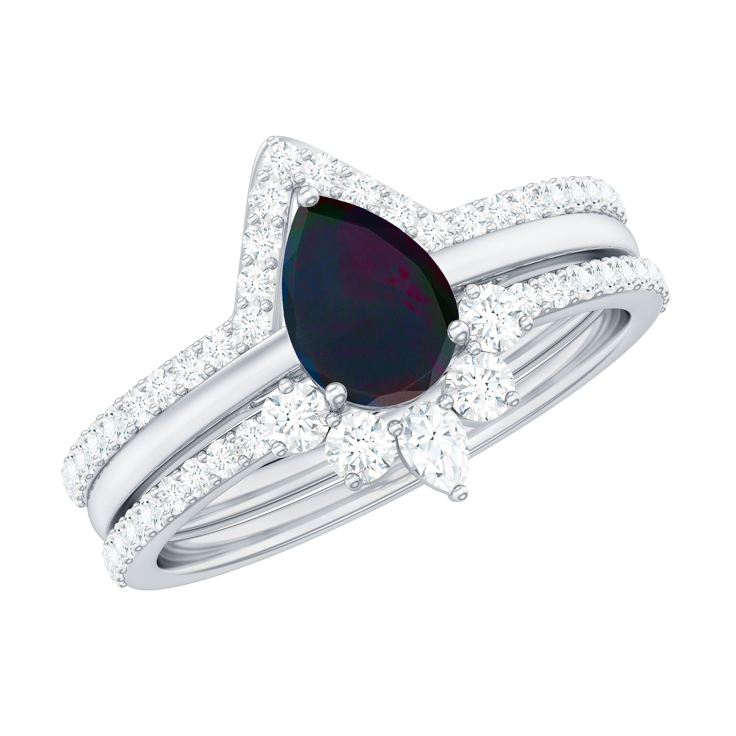 Natural Black Opal Bridal Ring Set With Moissanite