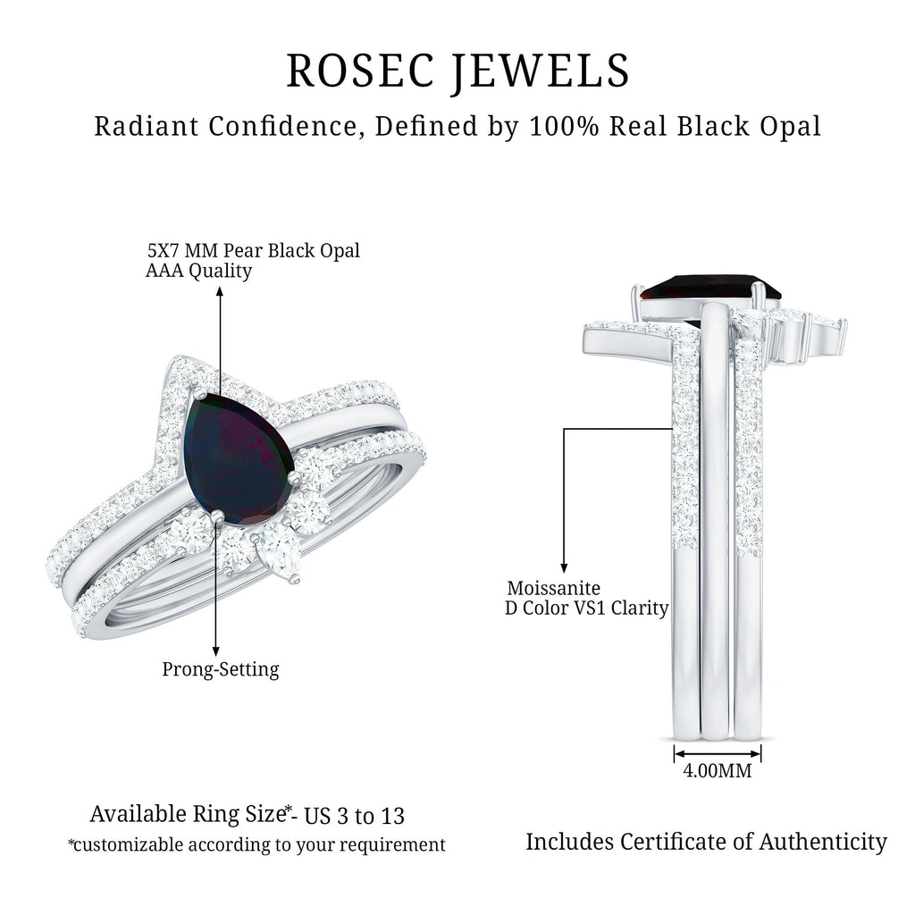 Natural Black Opal Bridal Ring Set With Moissanite