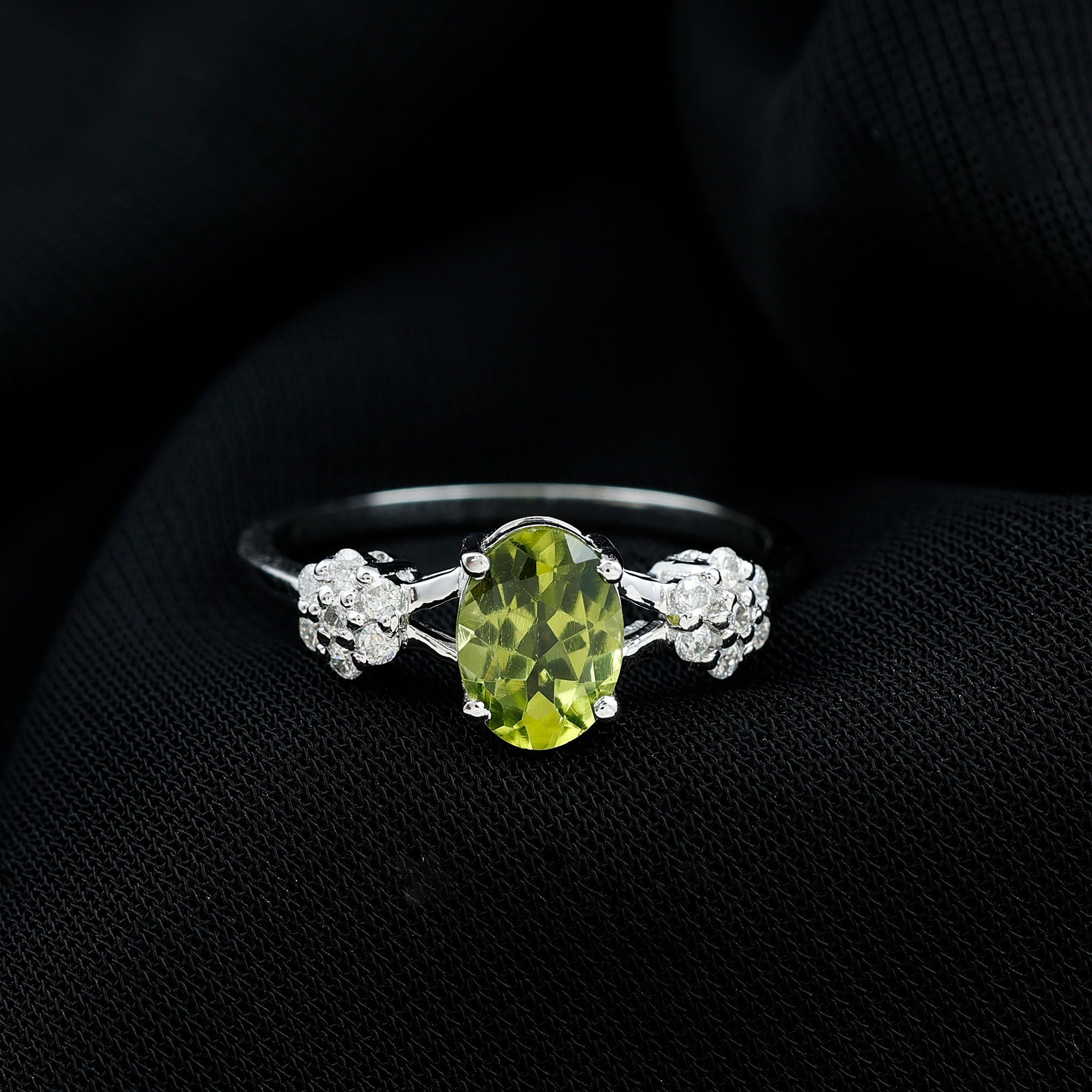 1 Carat Oval Cut Peridot Flower Engagement Ring with Diamonds