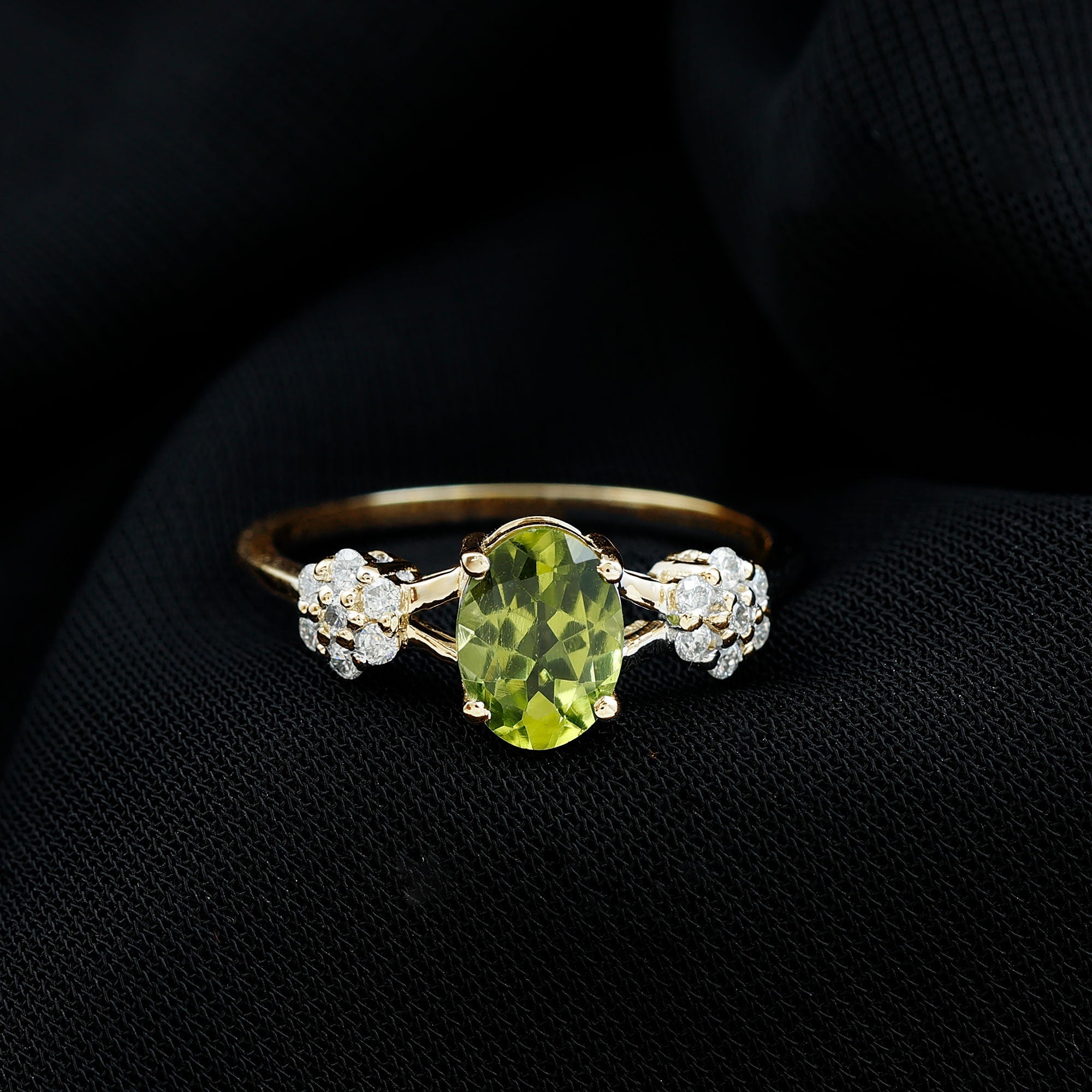 1 Carat Oval Cut Peridot Flower Engagement Ring with Diamonds