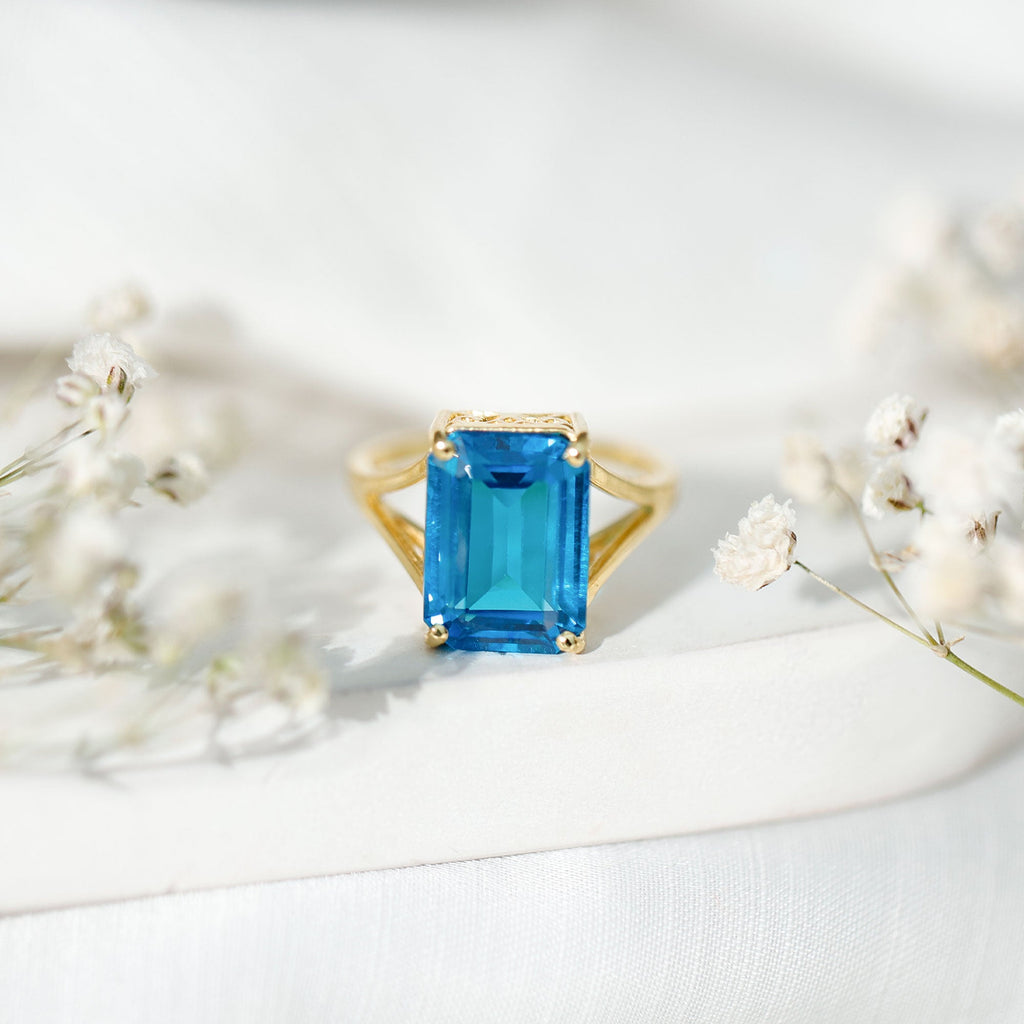 8 Carat Lab Grown London Blue Topaz Emerald Cut Engagement Ring in Silver