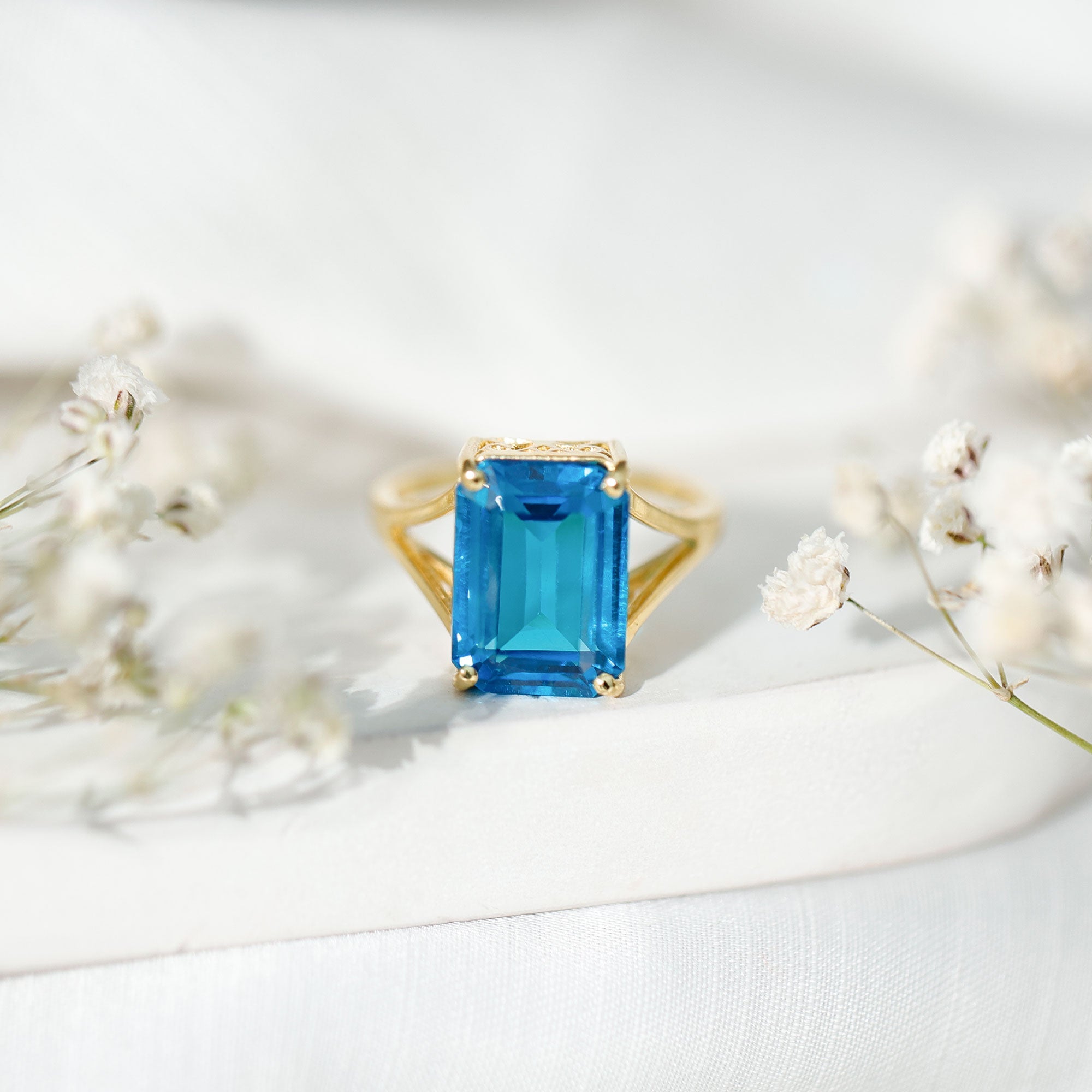 8 Carat Lab Grown London Blue Topaz Emerald Cut Engagement Ring in Silver