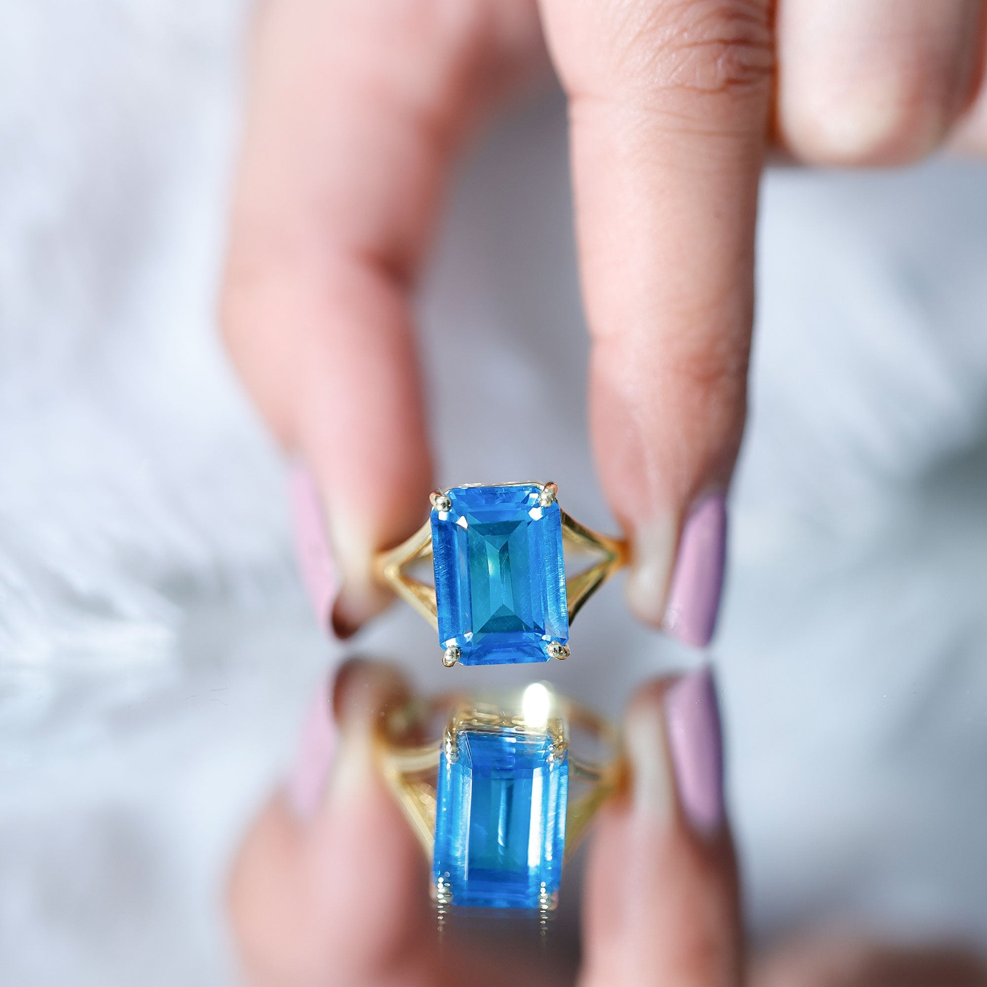 8 Carat Lab Grown London Blue Topaz Emerald Cut Engagement Ring in Silver