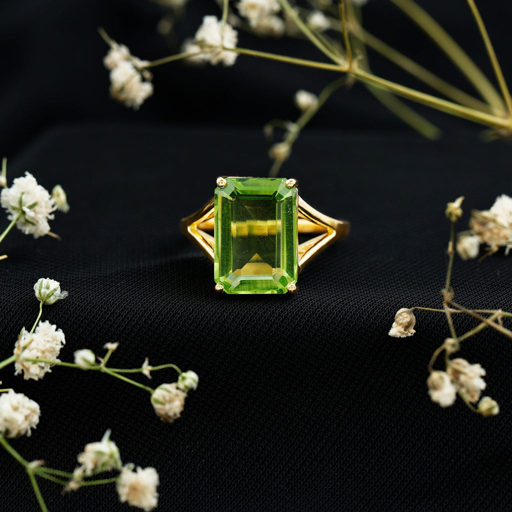 8 Carat Lab Created Peridot Emerald Cut Engagement Ring with Split Shank