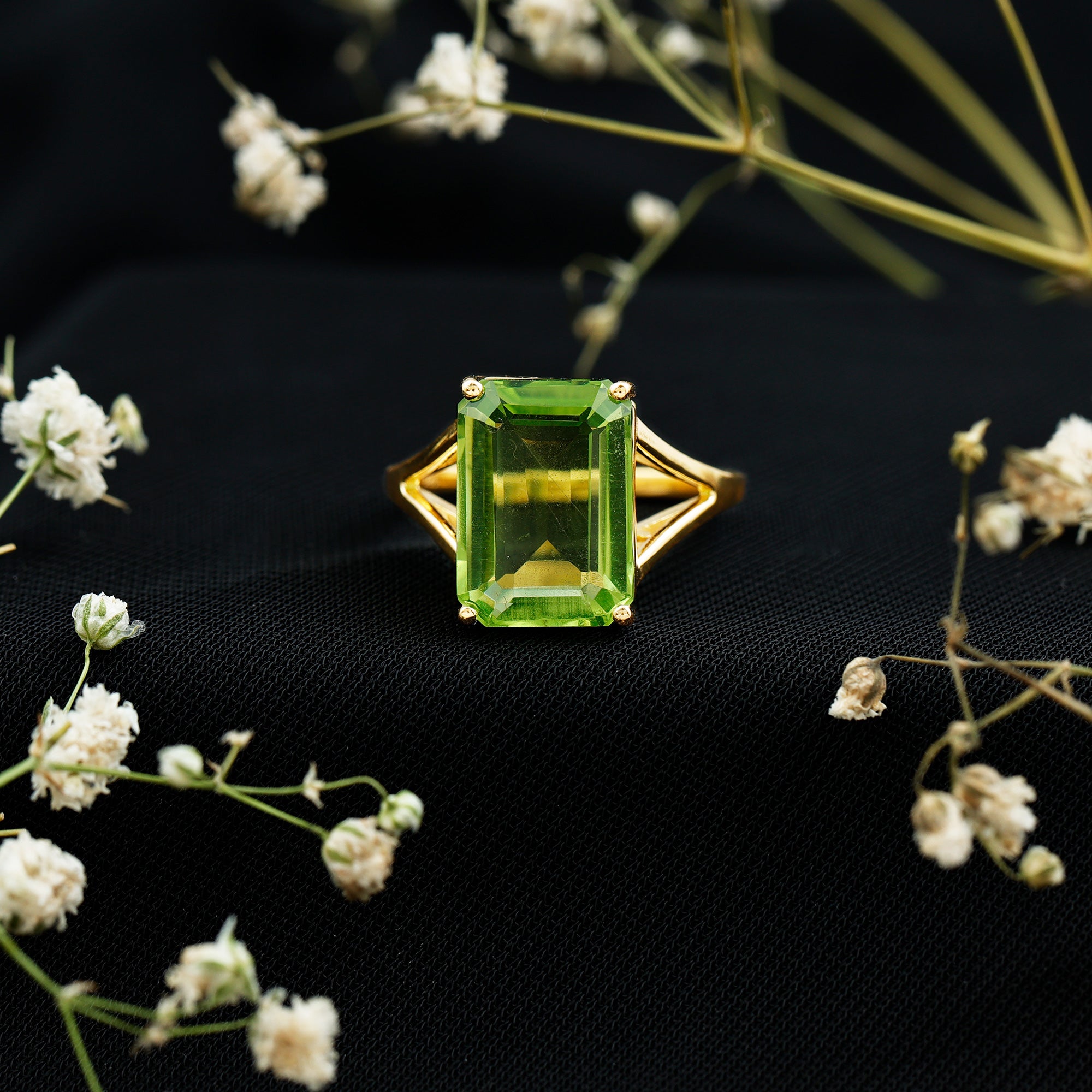 8 Carat Lab Created Peridot Emerald Cut Engagement Ring with Split Shank