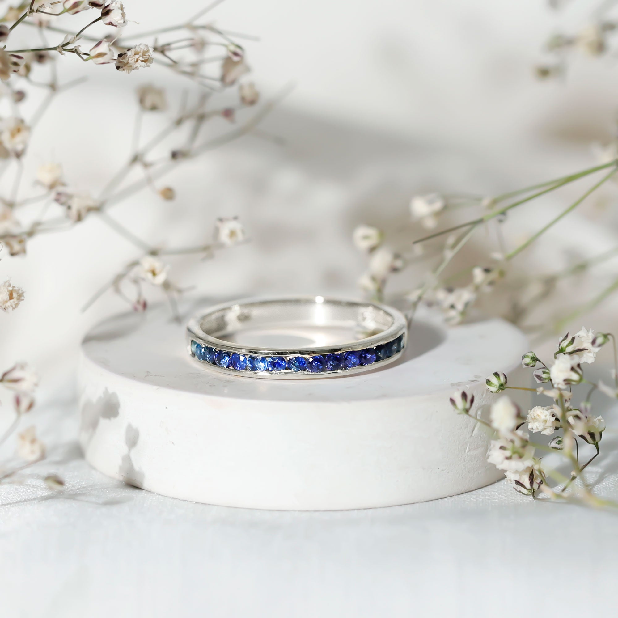 Natural Blue Sapphire Half Eternity Stackable Ring for Women