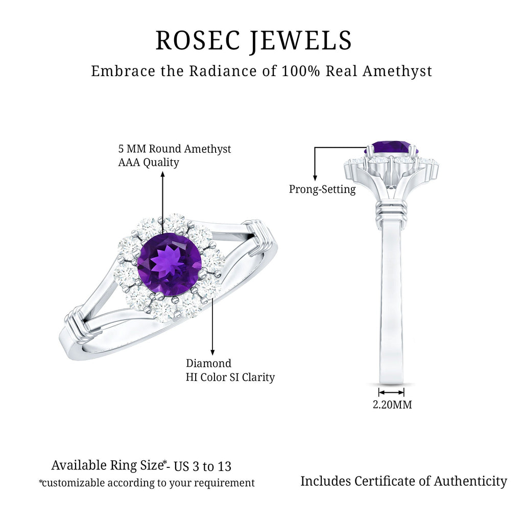 1 CT Amethyst and Diamond Halo Split Shank Ring