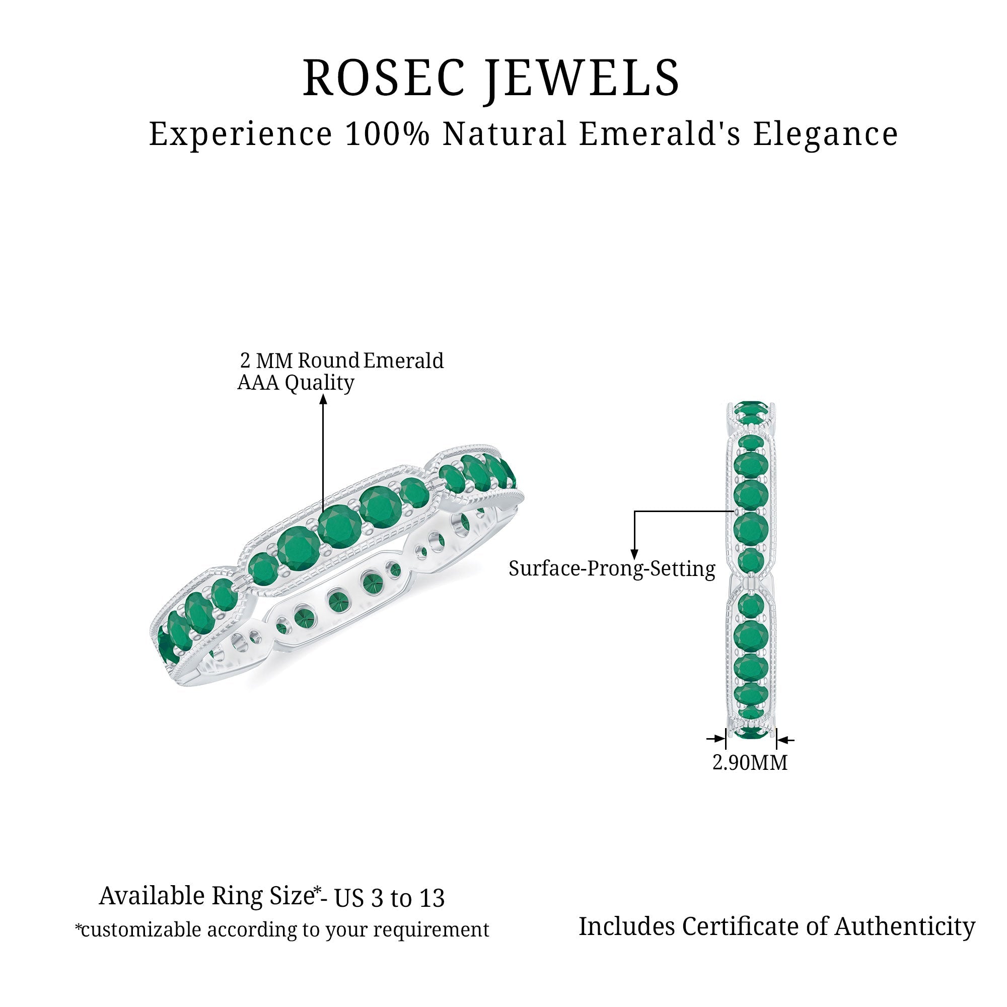Natural Emerald Eternity Wedding Band with Milgrain Detail