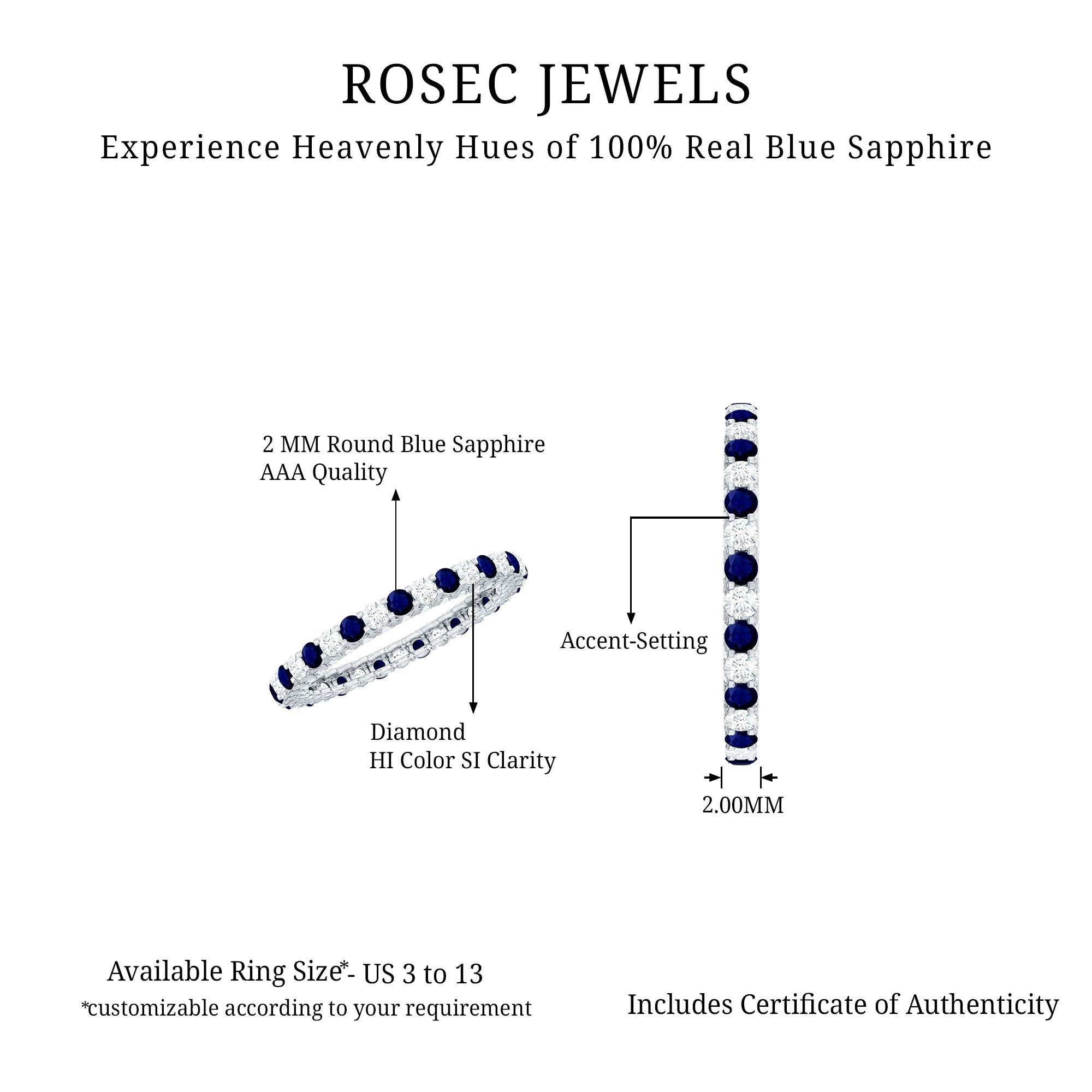 Natural Blue Sapphire Diamond Eternity Ring for Women