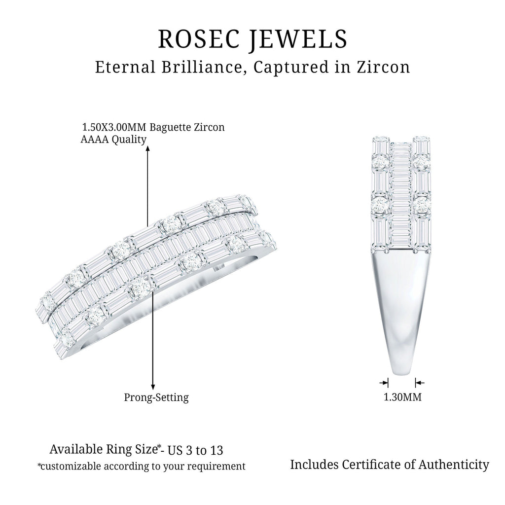 Baguette and Round Cubic Zirconia Three Row Wedding Band
