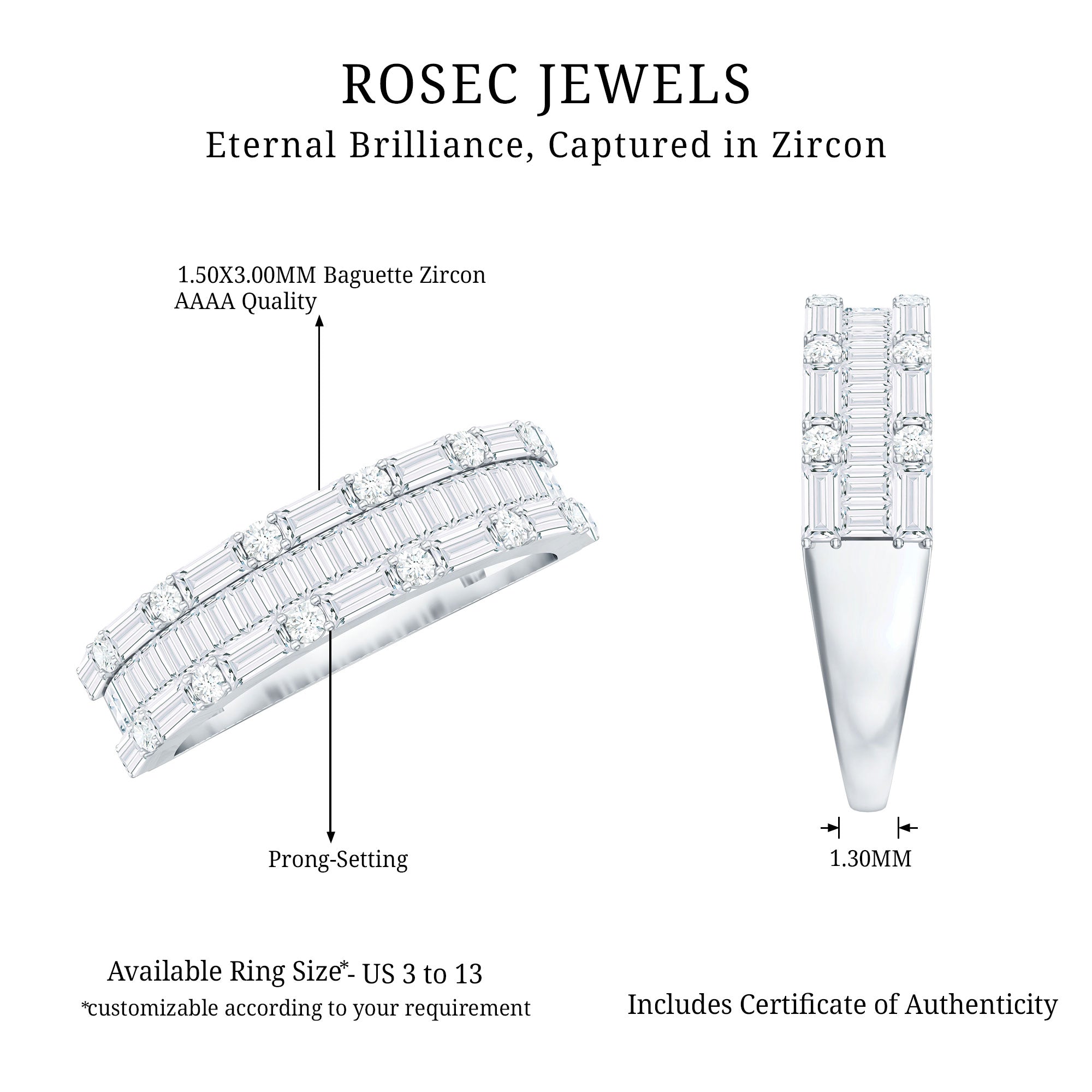 Baguette and Round Cubic Zirconia Three Row Wedding Band